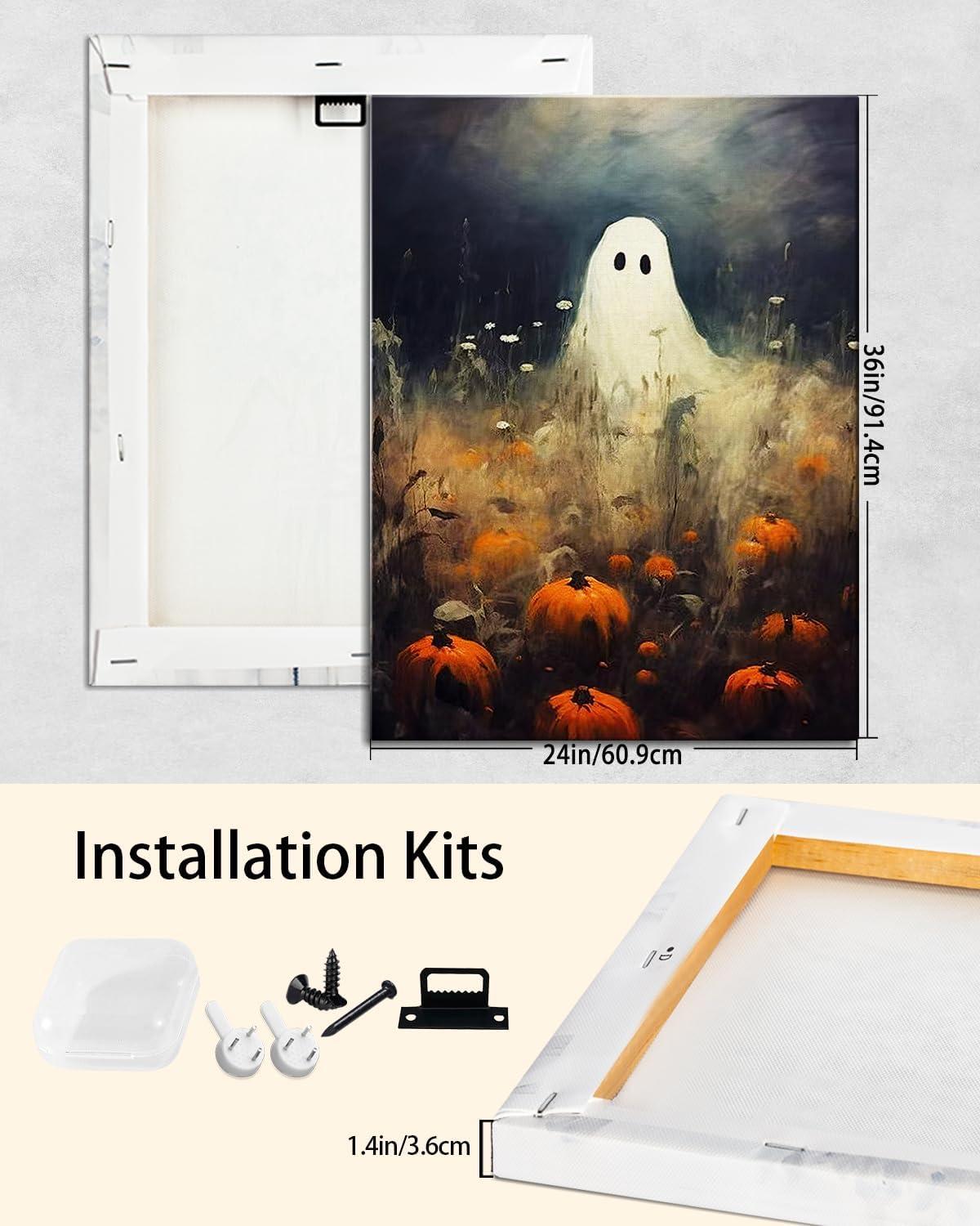 Halloween Canvas Wall Art, Spooky Ghost in Pumpkin Patch Poster, Vintage Gothic Fall Decor, Dark Academia Fall Decor for Living Room, Framed Indoor Halloween Decorations