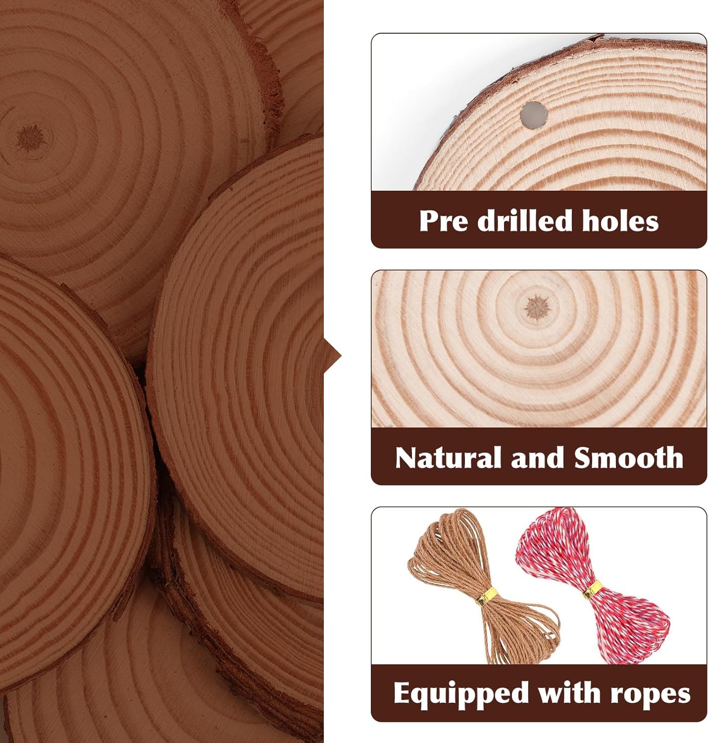 30 Pack Nature Wood Slices for Crafts,3.5-4In Unfinished Natural Wood Rounds.Wood Circles Predrilled with Hole and 20m Rope for Wooden Craft Supplies,Painting,Christmas Ornaments,DIY Gifts