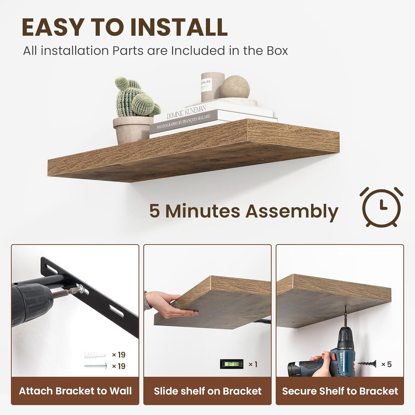 55 Inch Floating Shelves, 12 Inch Deep Floating Shelves for Wall, Floating Shelf with Invisible Brackets, Deep Shelves for Bathroom, Bedroom, Living Room, 1 Pack, Brown