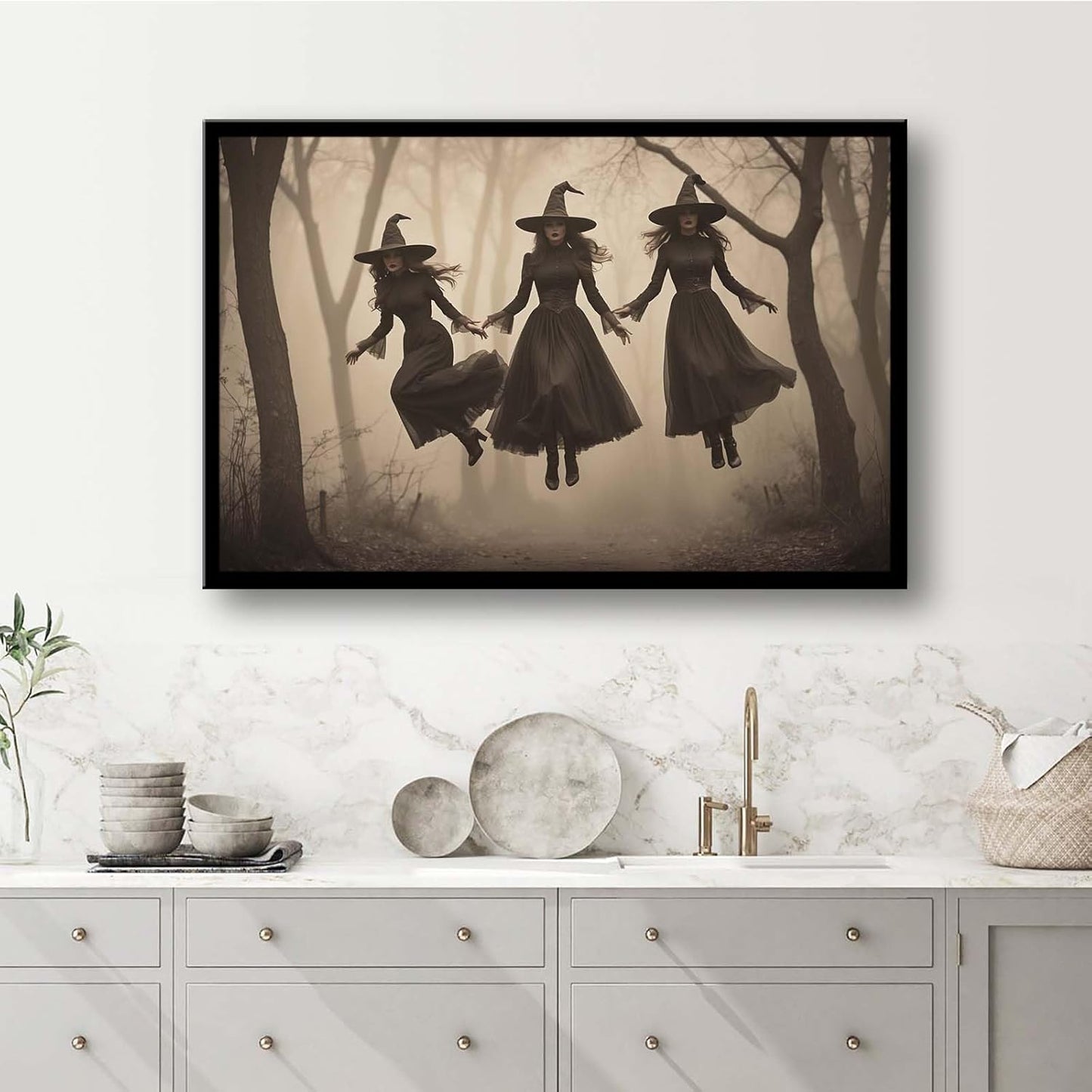 JFHCQJPK Three ghost witches flying in vintage forest gothic wall art witchcraft decoration holiday gift canvas wall art print8x12in Metal blackFramed