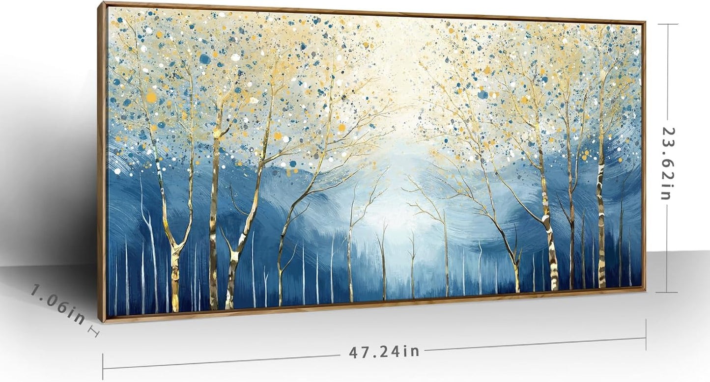 amatop Large Framed Abstract Canvas Wall Art Navy Blue Art Print Modern Nature Tree of Life Artwork Birch Contemporary Landscape Picture for Office Living Room Bedroom Hallway Home Decor 48x24 Inch