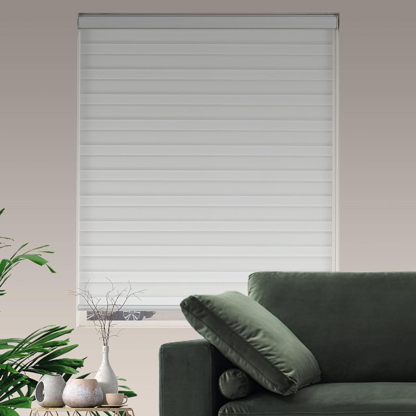 Zebra Blinds for Windows Dual Layer Light Filtering Privacy Free-Stop Sheer Shades Light Control for Indoor Windows Zebra Shades for Living Room(55" W X 72" H, White)