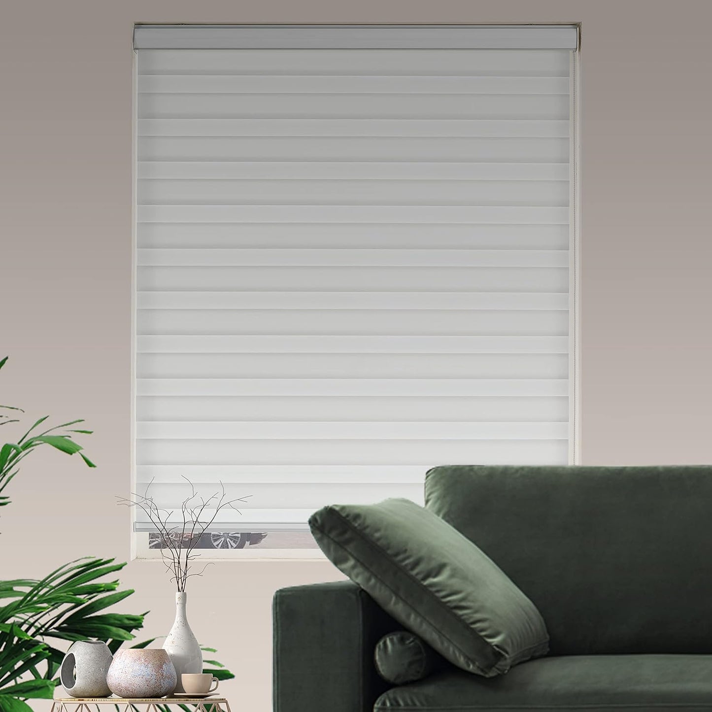 Zebra Blinds for Windows Dual Layer Light Filtering Privacy Free-Stop Sheer Shades Light Control for Indoor Windows Zebra Shades for Living Room(61" W X 72" H, White)