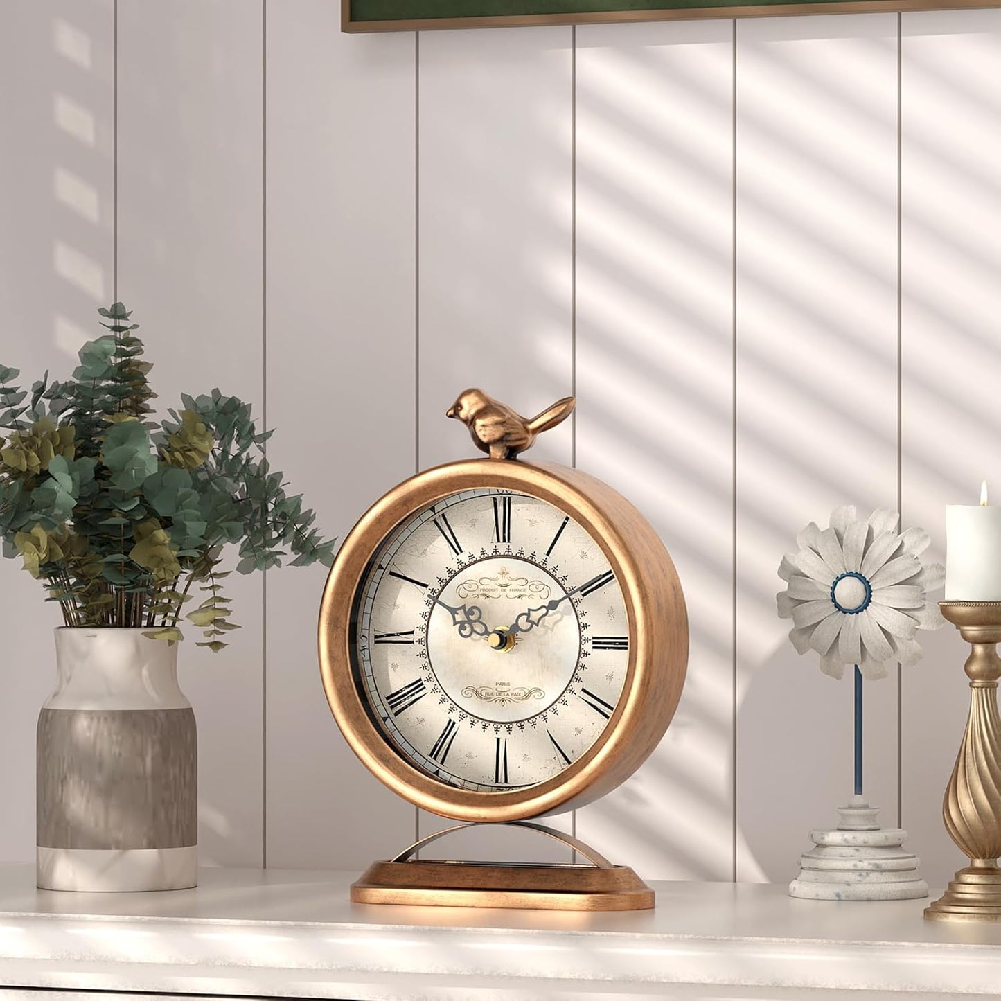 Vintage Table Clock with Bird, European Antique Style Gold Mantel Clocks, Desk and Shelf Decor Clock, for Farmhouse, Bedside, Living Room, Bedroom, Gift (9" H x 6.5" W)