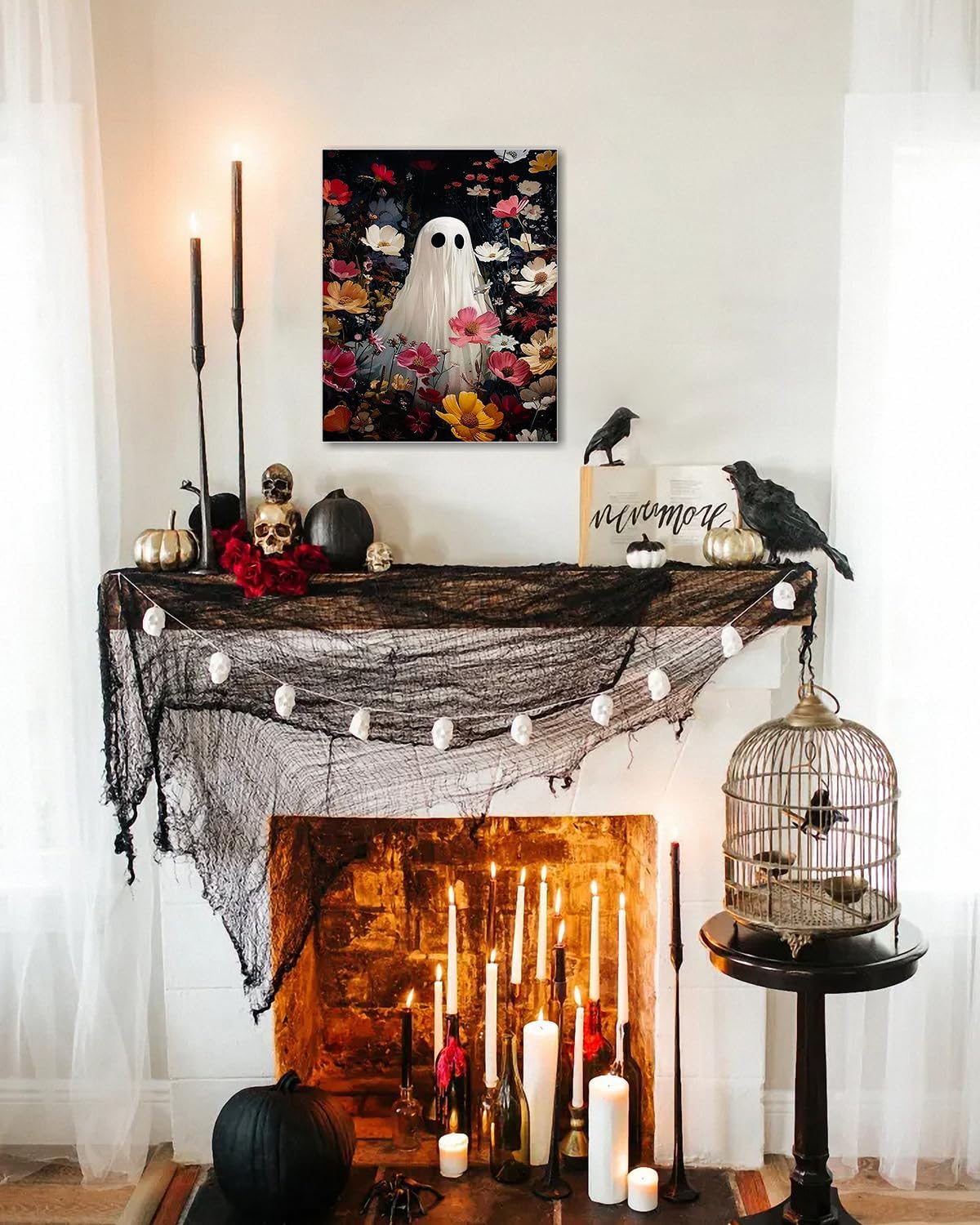 Halloween Canvas Wall Art,Vintage Cute Ghost & Wildflowers Framed Poster, Spooky Fall Decorations for Indoor, Gothic Dark Academia Wall Decor, Funny Halloween Decorations for Living Room Bedroom