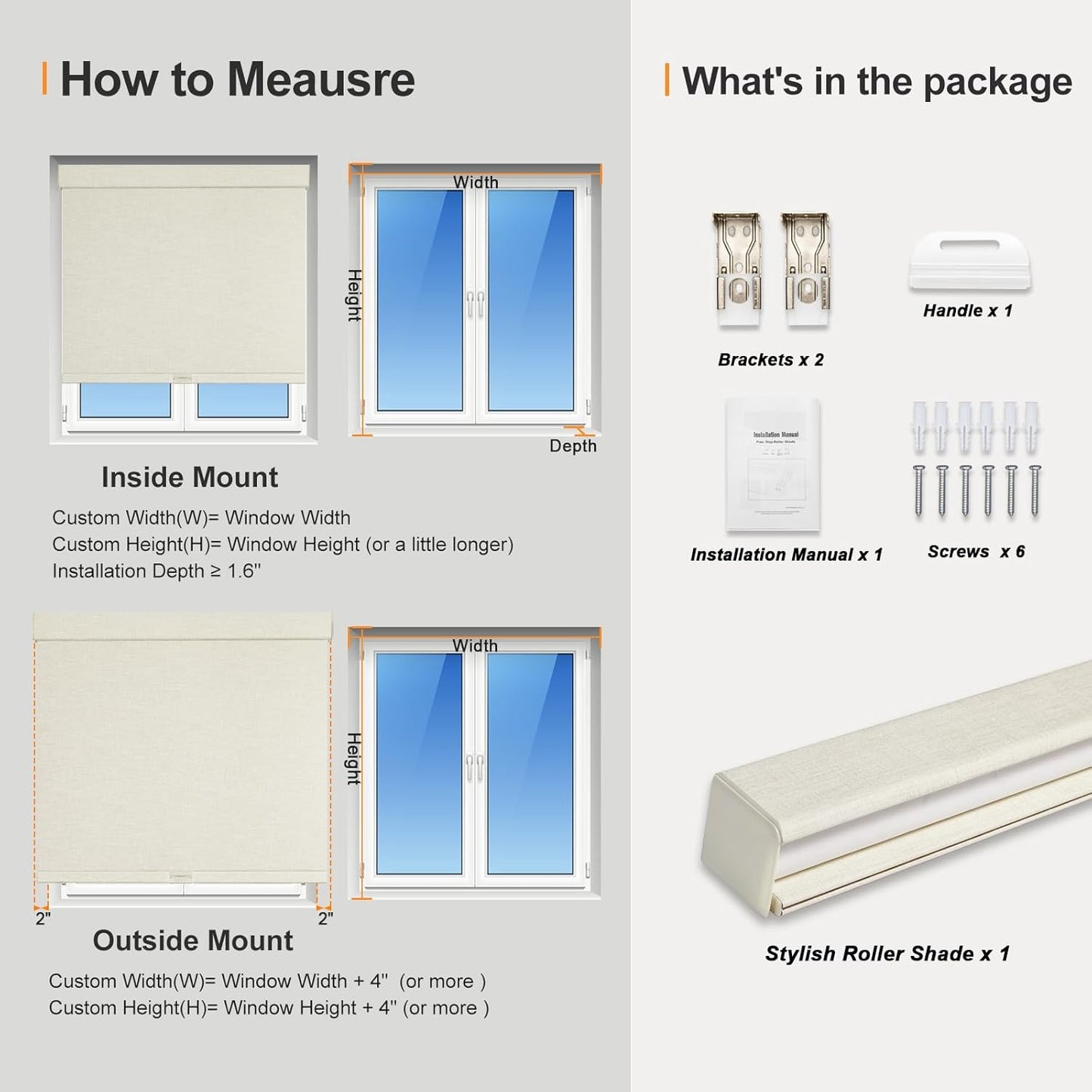 Persilux Blackout Shades for Windows Cordless Roller Blinds, Roller Windows Shades for Home with Fabric Attached Valance, UV Protections Easy Installation for Door/Office, Limestone(58" W x 96" H)