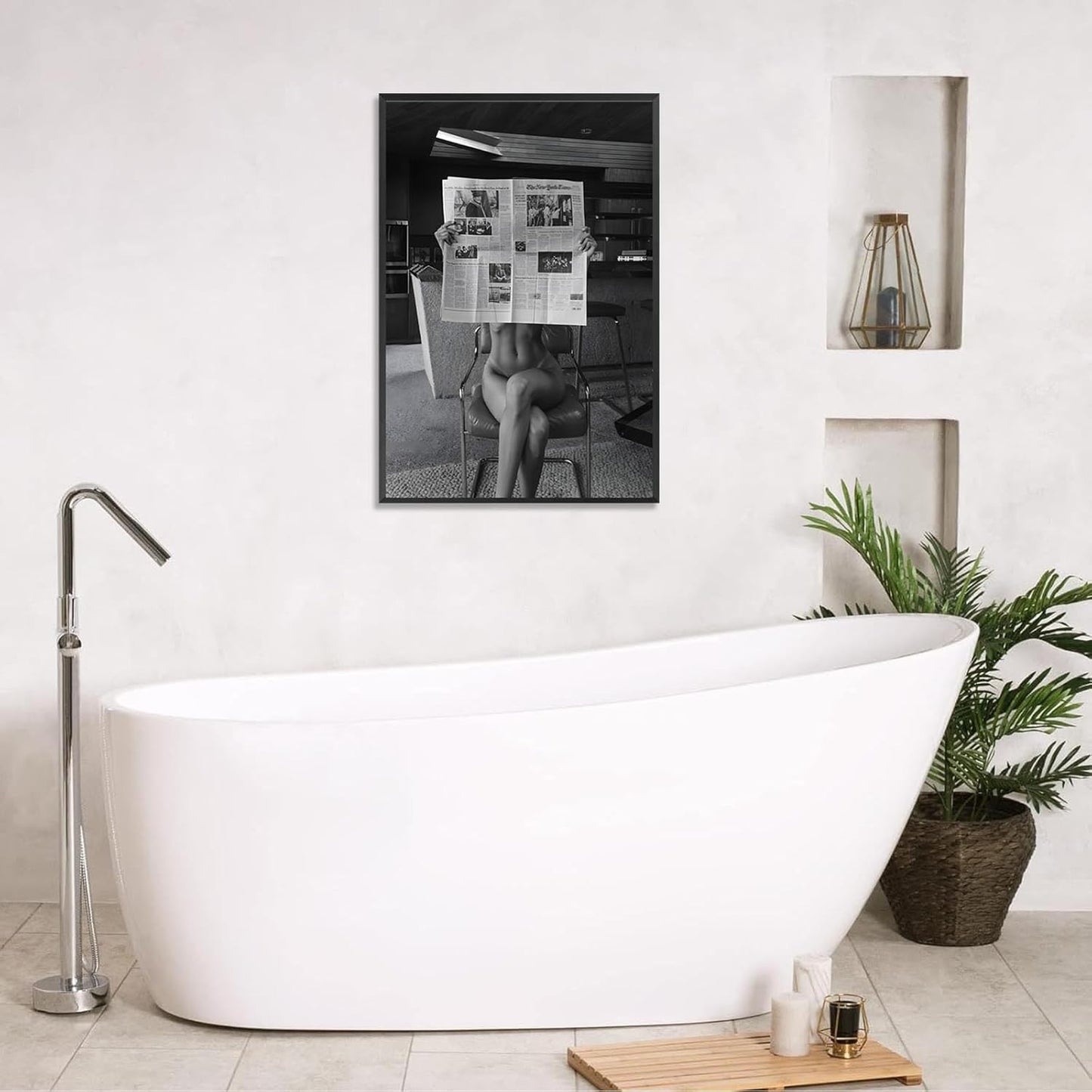 Sexy Glamorous Reader Poster Feminist Art Black and White Preppy Canvas wall art Retro Room Aesthetic Newspaper prints painting Trendy Naked Women Art wall decor 16x24in Framed