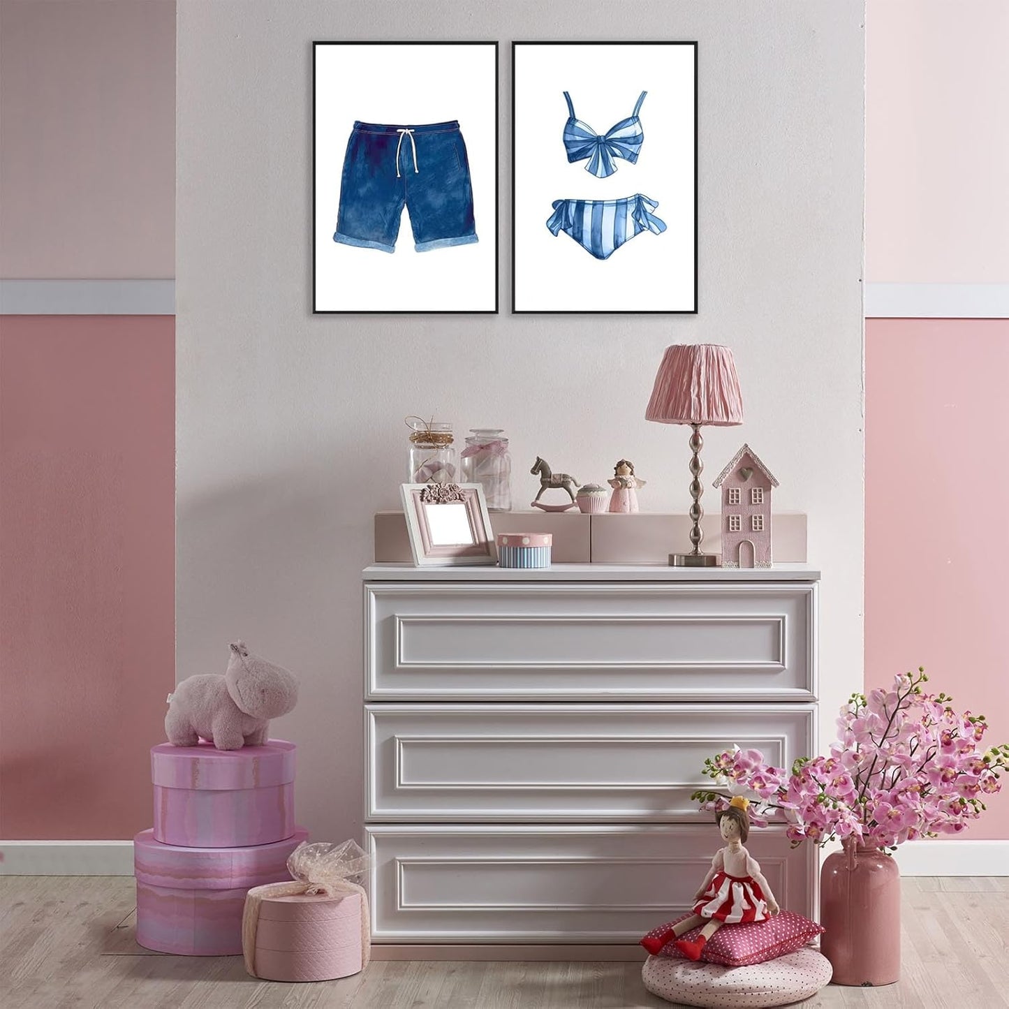 Liyark Set of 2 Retro Navy Blue And White Swimsuit Art Posters Beach Bathing Suit Prints Painting Beach House Wall Art Coastal Wall Decor Pictures For Bathroom Home Decoration 24x36in Framed