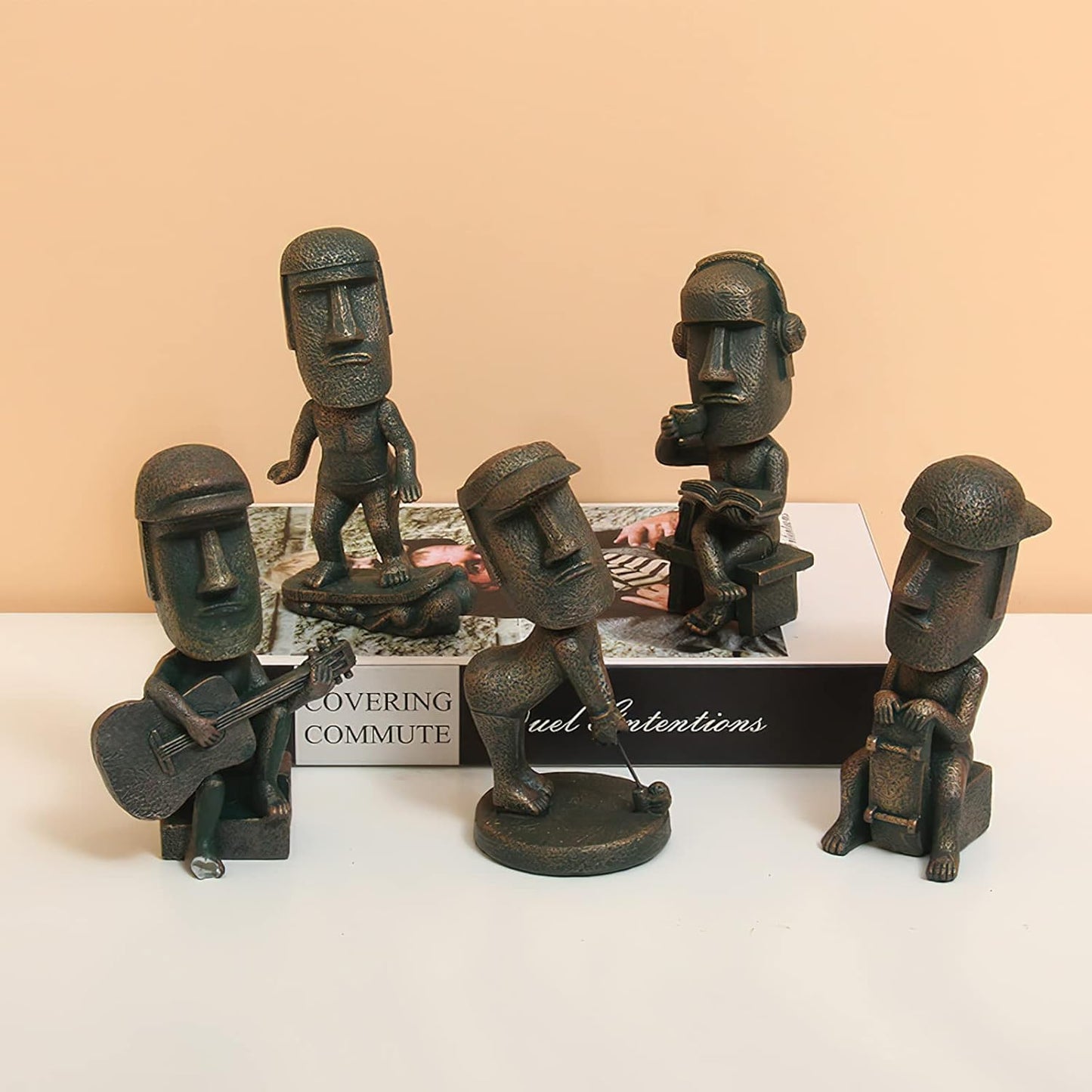 Moai Statue Decor - 6 Inch Easter Island Oranment Resin Stone Decoration for Room Accessories Antique Sculpture for Office Desktop (Play The Guitar)