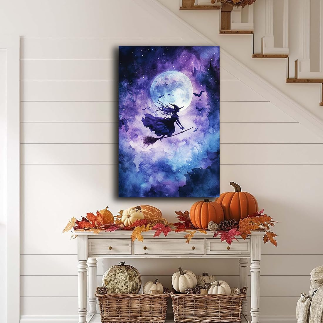 Witch On Broom Flying Wall Art,Gothic Halloween Canvas Wall Art,Victorian Witch Silhouette In Moonlight Broomstick Poster Pictures,Creepy Halloween Purple Night Sky Print,24"x36" Unframed