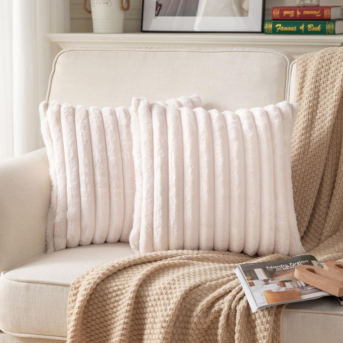 DEELAND Pack of 2,Double-Sided Faux Fur Plush Decorative Throw Pillow Covers Fuzzy Striped Soft Pillowcase Cushion Covers for Sofa Couch Bedroom Beige 18x18 inch