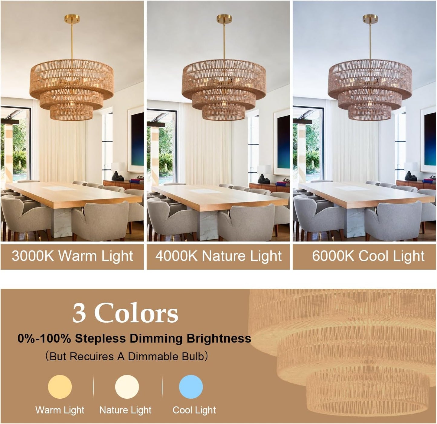 Boho Rattan Chandelier, 6-Light Dining Room Light Fixture,23.62" Wicker Pendant Lighting with3-Tier Woven Lampshade, Large Farmhouse Chandeliers for Kitchen