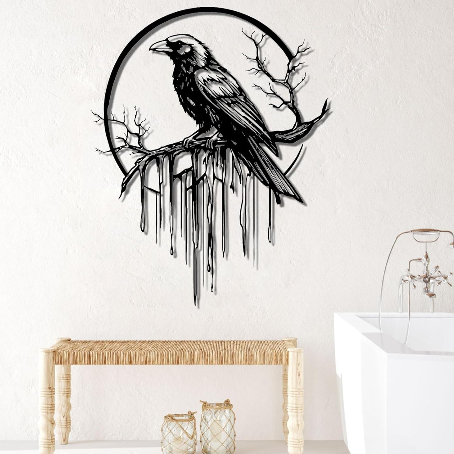 Crow Metal Wall Decor, Raven Wall Art, Large Gothic Raven Decor Hangings, Bird Wall Decor, Metal Tree Branch Decor, Ravens Sign, Raven Art for Living Room (Silver, 19"x15" | 47x38cm, metal wall art)
