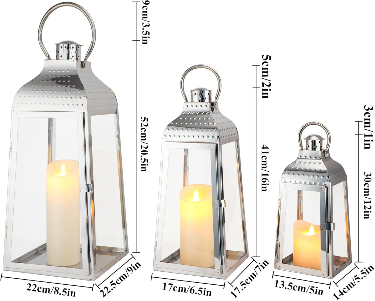 TRIROCKS Set of 3 Stainless Steel Candle Lanterns 20.5''&16''&12''H Decorative Candle Holders with Tempered Glass for Indoor Outdoor Porch Parities and Wedding(Silver)