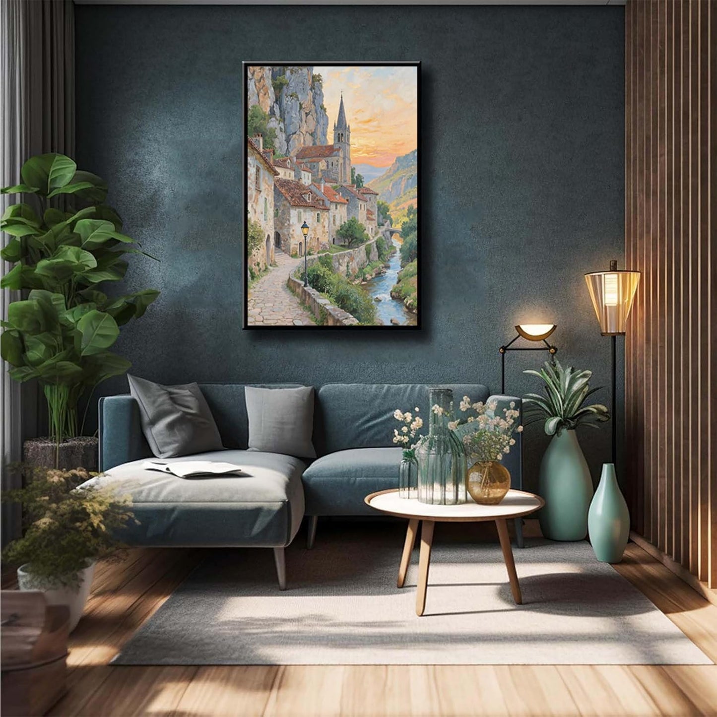Small town scenery poster on the bank of the mountain stream is suitable for living room bedroom and office natural oil painting poster
