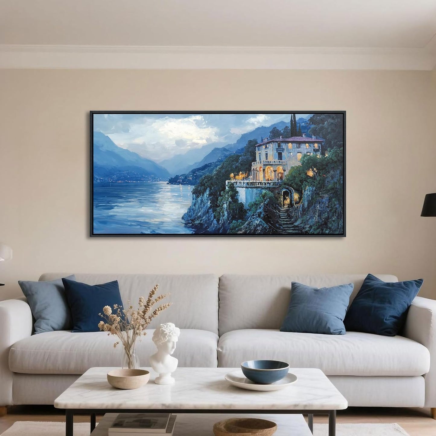 QZQCBLC Landscape Canvas Wall Art, Blue Mountains Lake Houses Green Trees Scenery Framed Paintings Artwork for Living room Bathroom Bedroom Home Office Wall Pictures Decor 20x40 IN