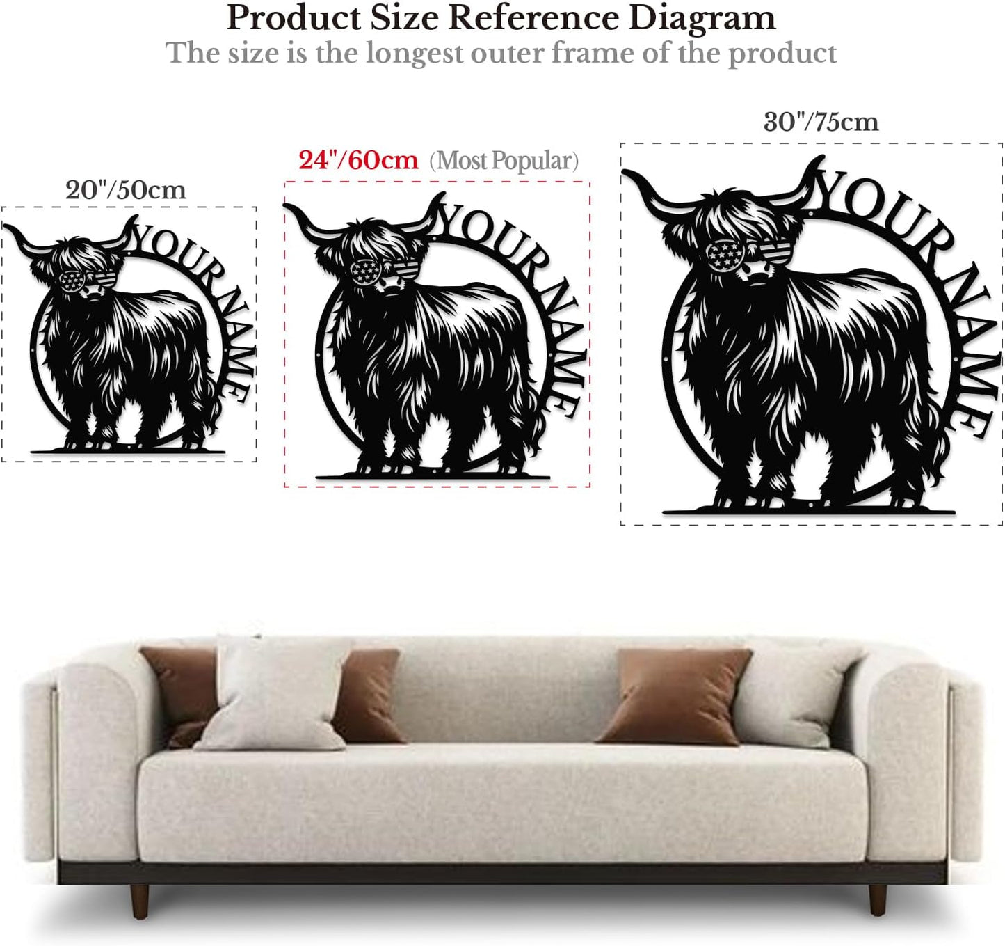 Personalized Highland Cow Name metal Signs,Custom Highland Cow Metal Shed Wall Decor,Black Metal Wall Art Plaques Outdoor wall Decorative Signage (Style G)