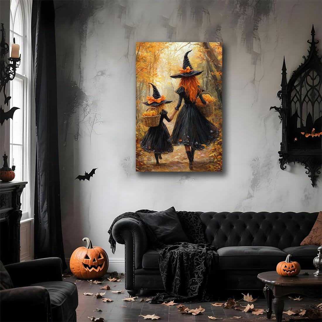 Mother Witch And Child Daughter Witch Wall Art,Halloween Autumn Woodland Forest Path Picture,Family Room Nursery Playroom Kids Room Decor,24"x36" Unframed