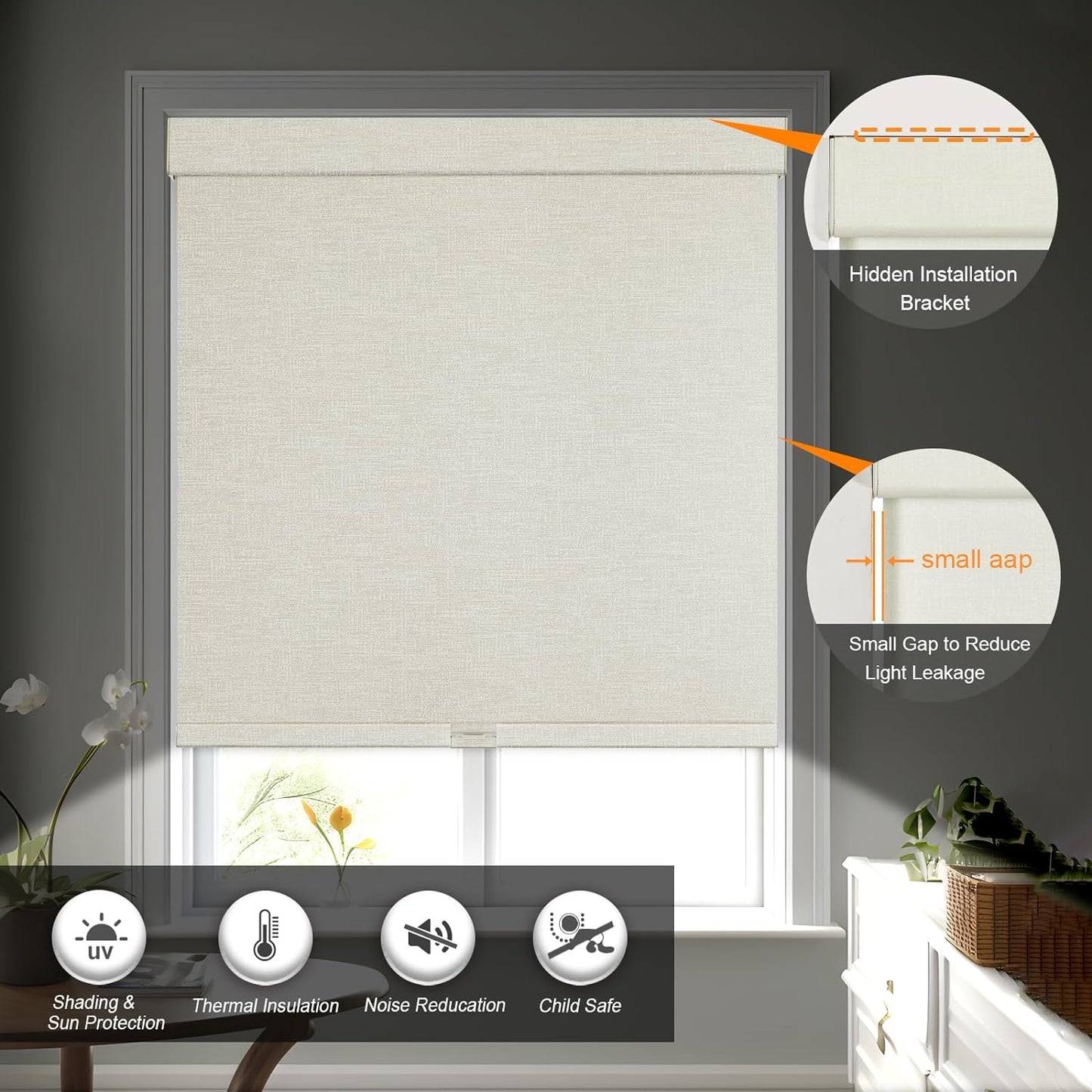 Persilux Custom Size Blackout Shades for Windows Cordless Roller Blinds, Roller Windows Shades for Home with Fabric Attached Valance, UV Protections Easy Installation for Door/Office/Salon, Limestone