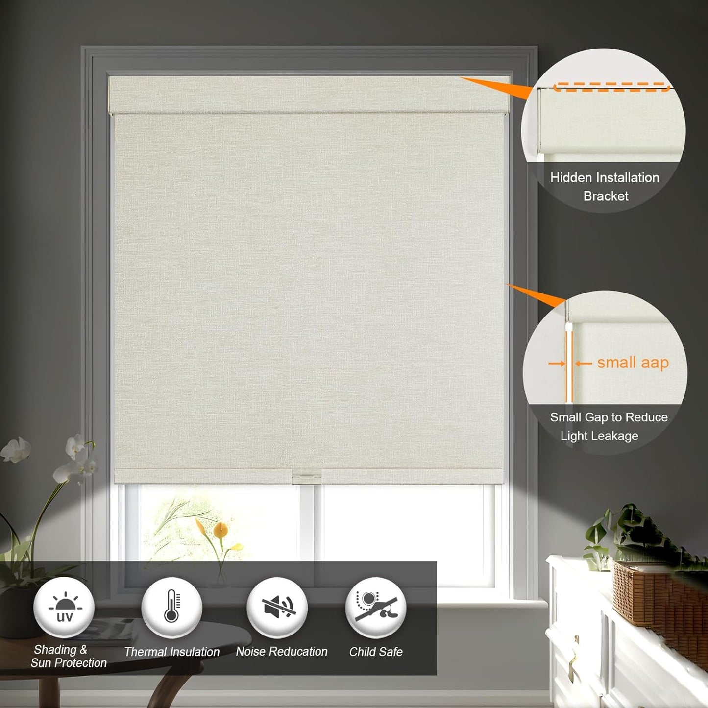 Persilux Blackout Shades for Windows Cordless Roller Blinds, Roller Windows Shades for Home with Fabric Attached Valance, UV Protections Easy Installation for Door/Office, Limestone(71" W x 64" H)