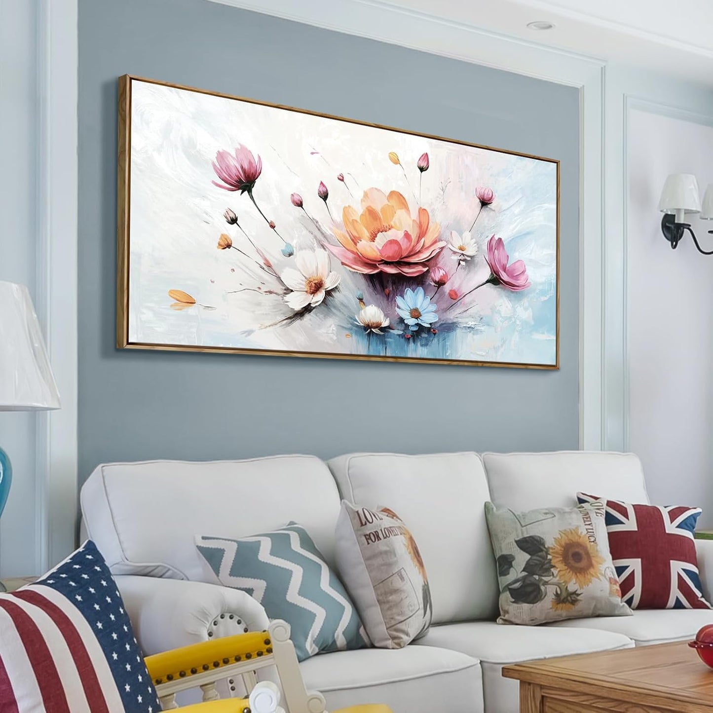 amatop Framed Floral Canvas Wall Art Picture Large Pink Blue Abstract Bloom Bouquet Print with Daisy Peony Elegant Botanical Nature Artwork for Living Room Bedroom Dining Room Entryway Decor 48x24 inch