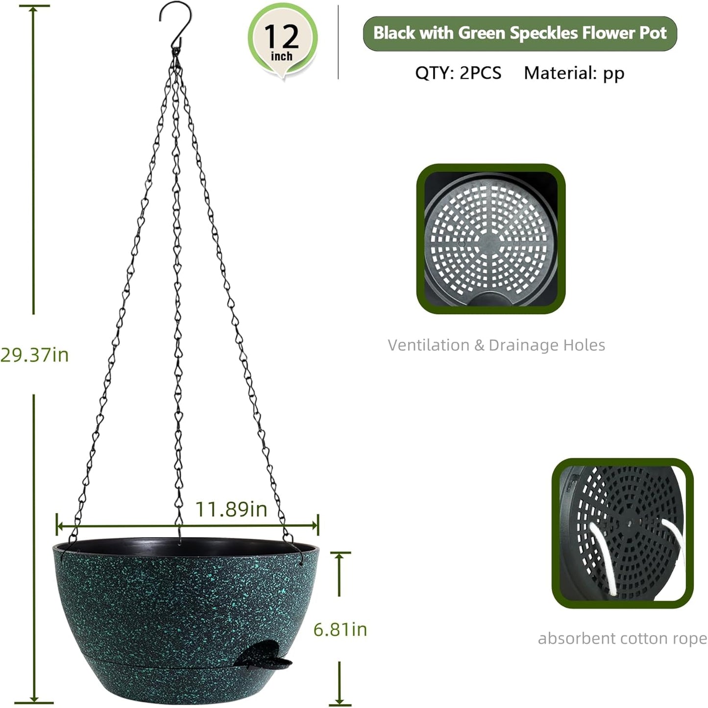 12 Inch Hanging Baskets 2 PC with Chains, Self-Watering Hanging Planters for Indoor Outdoor Plants, Plastic Hanging Flower Pots, Black with Green Speckles