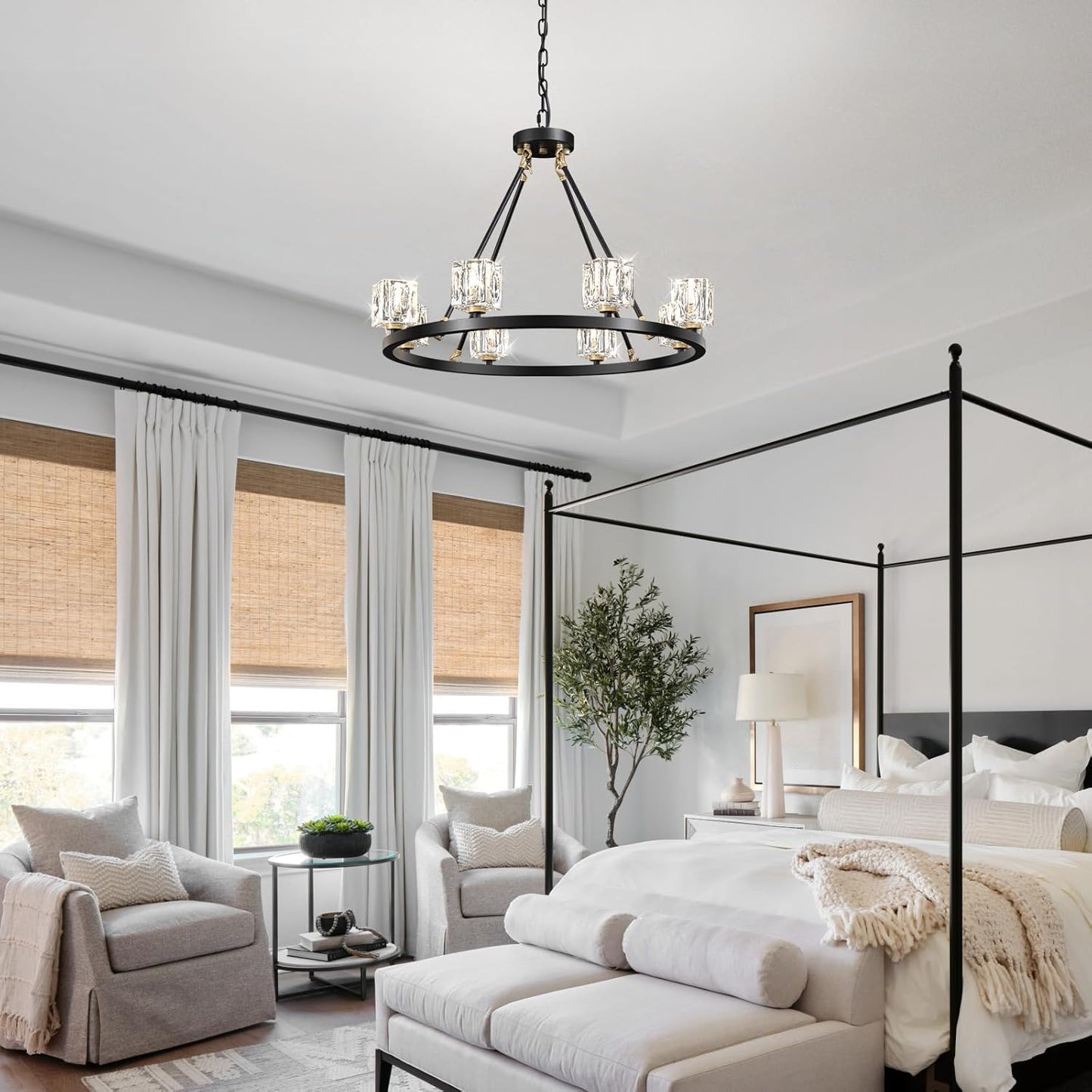 Black Wagon Wheel Chandelier, 8-Light Farmhouse Crystal Chandeleirs with Adjustable Height,Ceiling Hanging Light Fixture Pendant Lights for Living Room,Bedroom,Kitchen Island,Dining Room,Bedroom