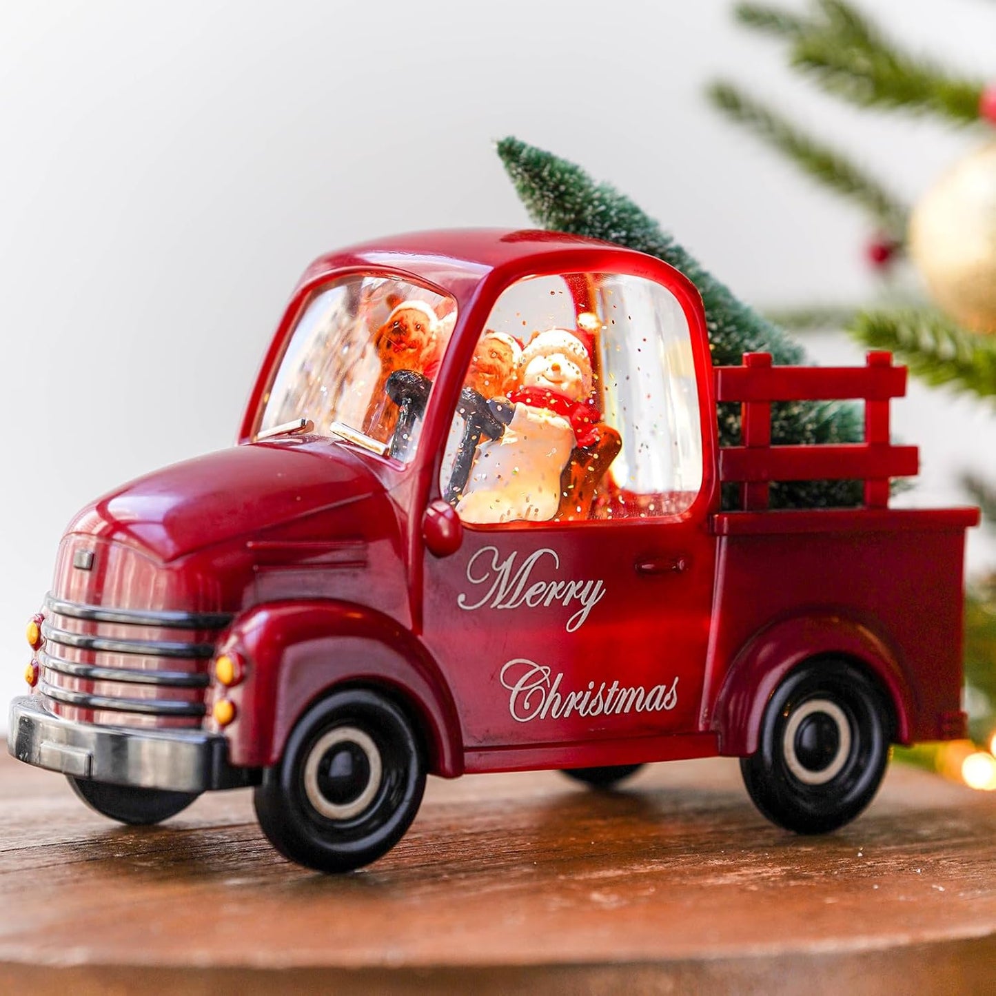 Christmas Snow Water Lantern Glittering Snowman and Pup in Red Truck with Christmas Tree, USB Lined/Battery Operated Lighted Spinning Lantern for Christmas Festival Decoration Gifts