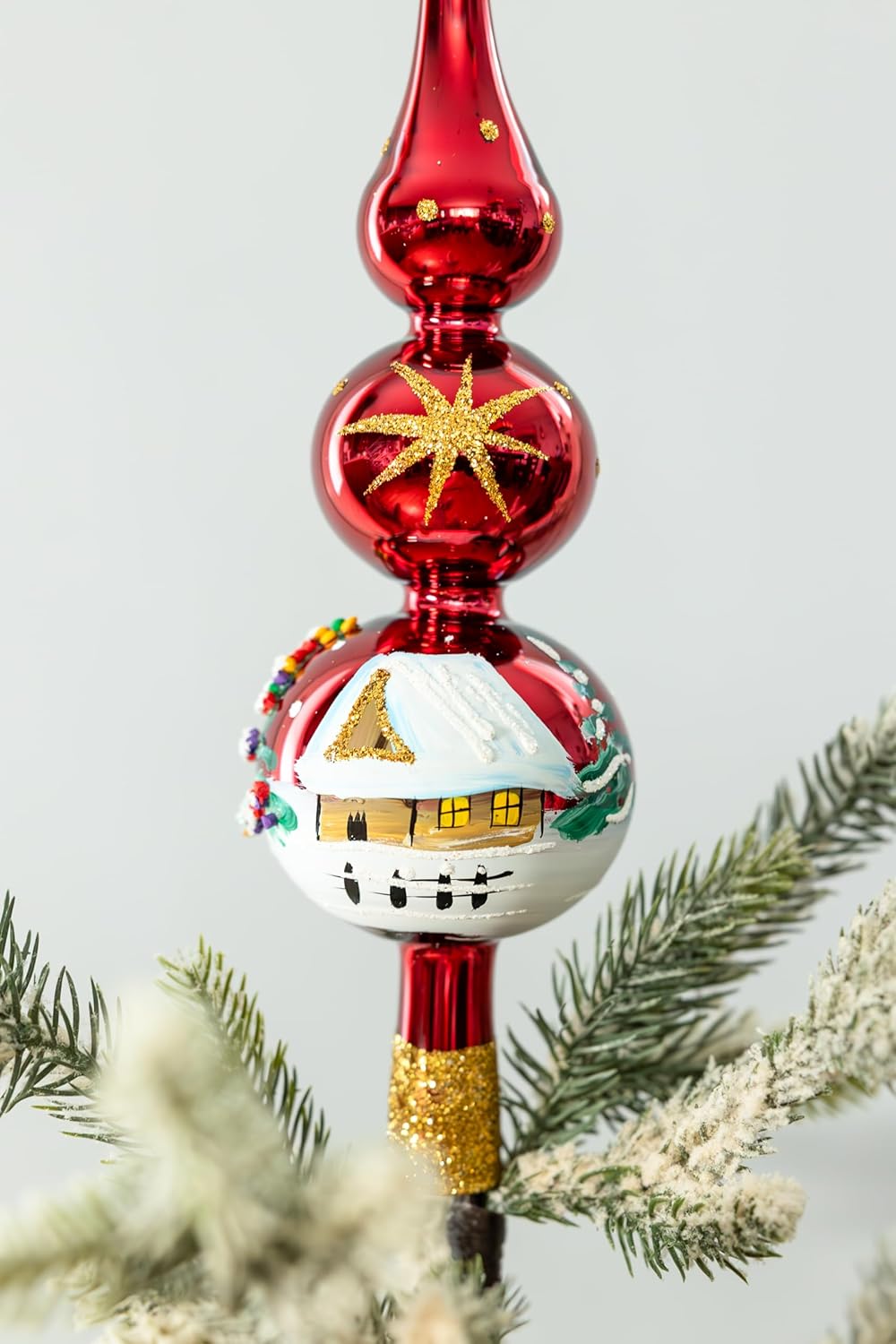 Christmas Tree Topper Spitz Glass Mouth Blown Hand-Decorated Embellishments (Burgundy, 15 inch)