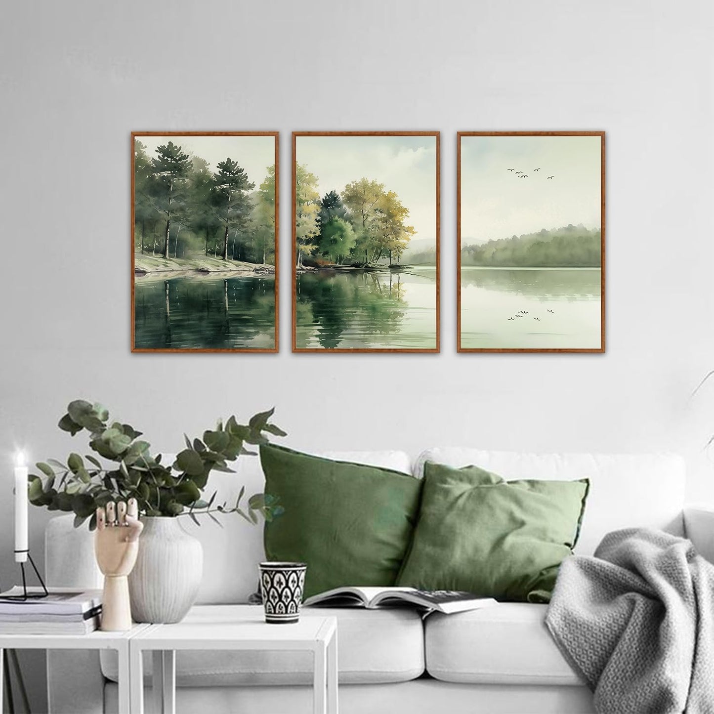 KAIRNE Framed Nature Canvas Wall Art Set,Misty Forest Wall Decor,Green Mountain Forest Pictures,Lake Water Painting set of 3(16”x24”),Landscape Scene Print for Living Room, Bedroom,Gallery Decor