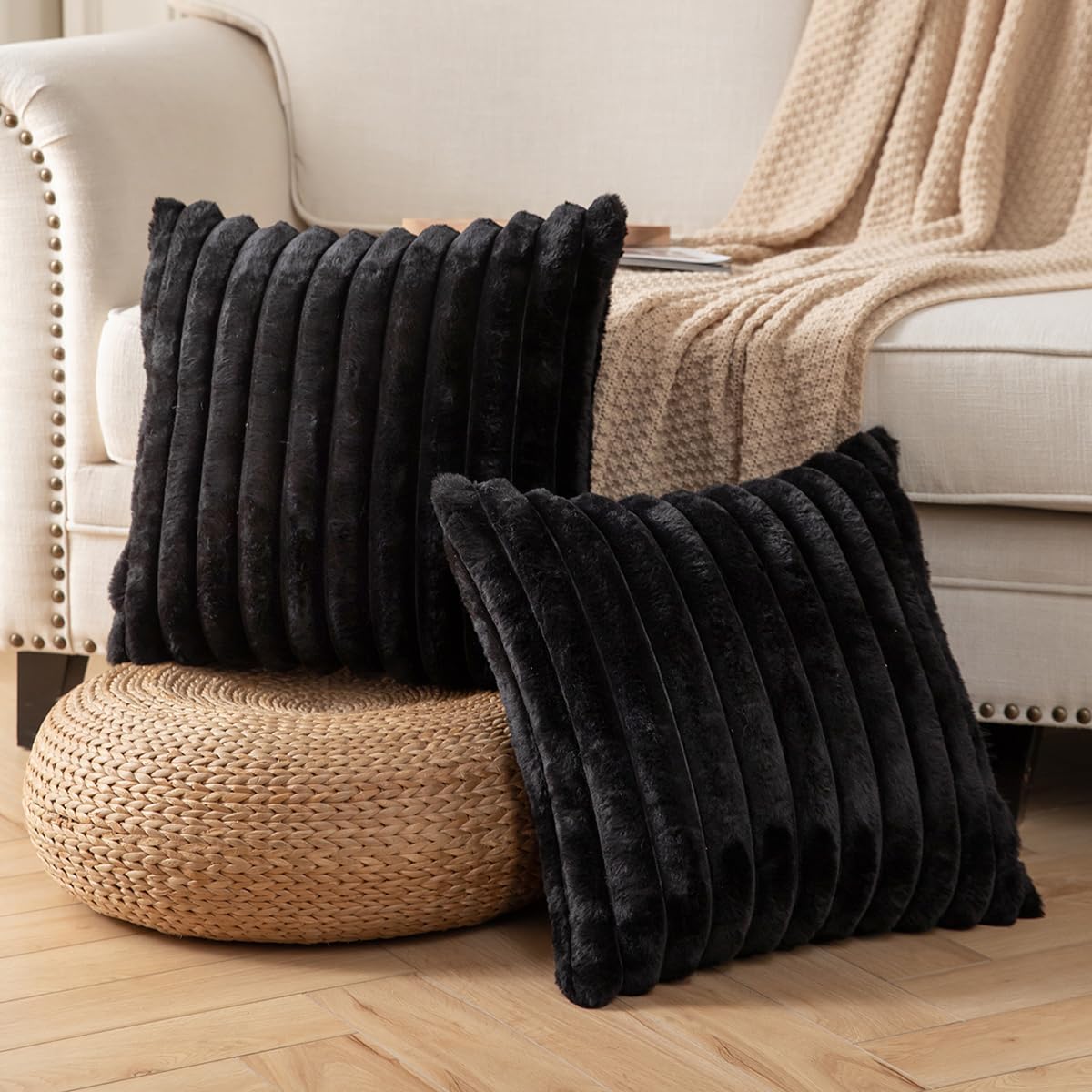 DEELAND Pack of 2,Double-Sided Faux Fur Plush Decorative Throw Pillow Covers Fuzzy Striped Soft Pillowcase Cushion Covers for Sofa Couch Bedroom Black 18x18 inch