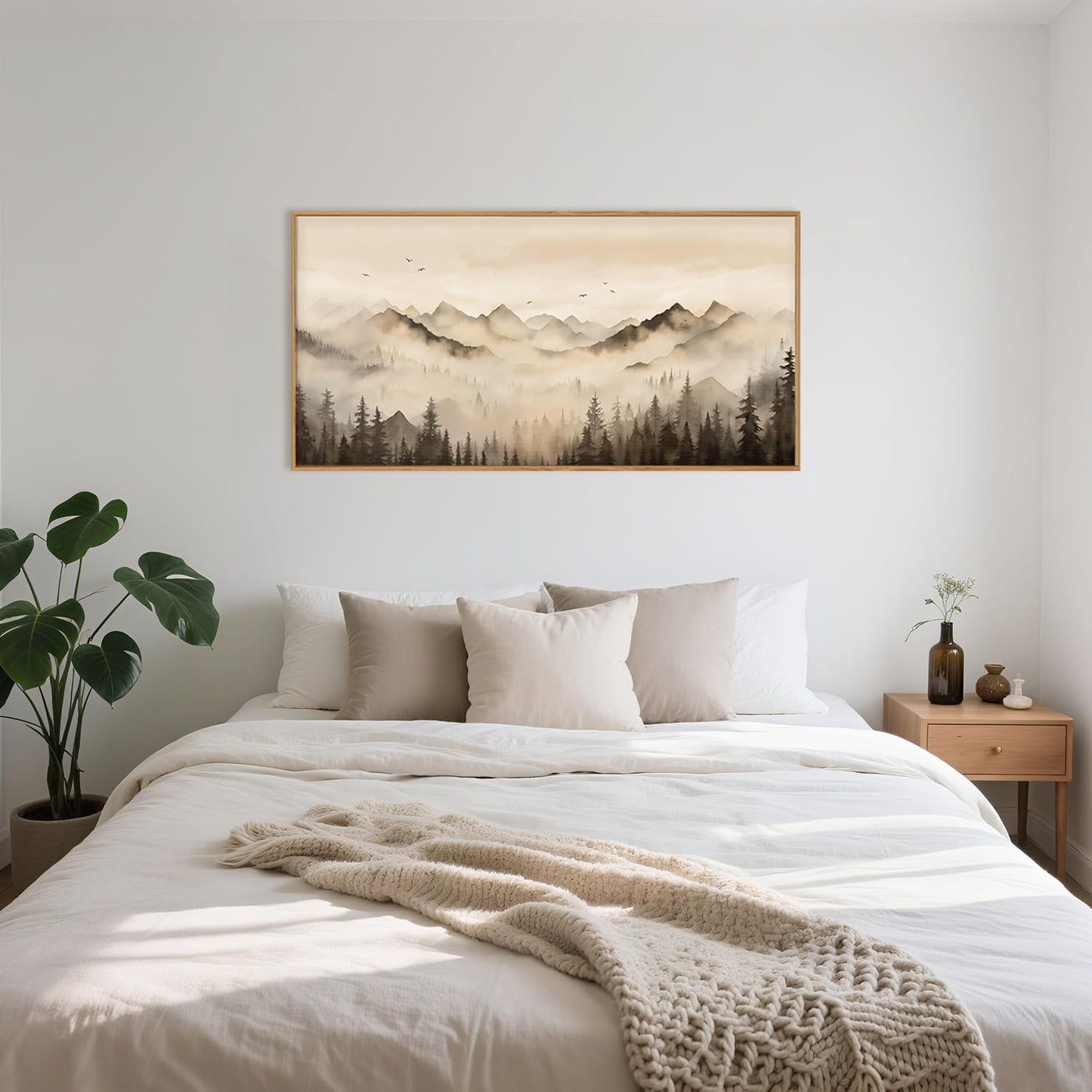 Nature Misty Forest Framed Canvas Wall Art Set, Foggy Landscape Wall Decor, Watercolor Pine Tree Wall Painting, Large Mountains Art Print for Living Room, Bedroom, Office - 20"X40"