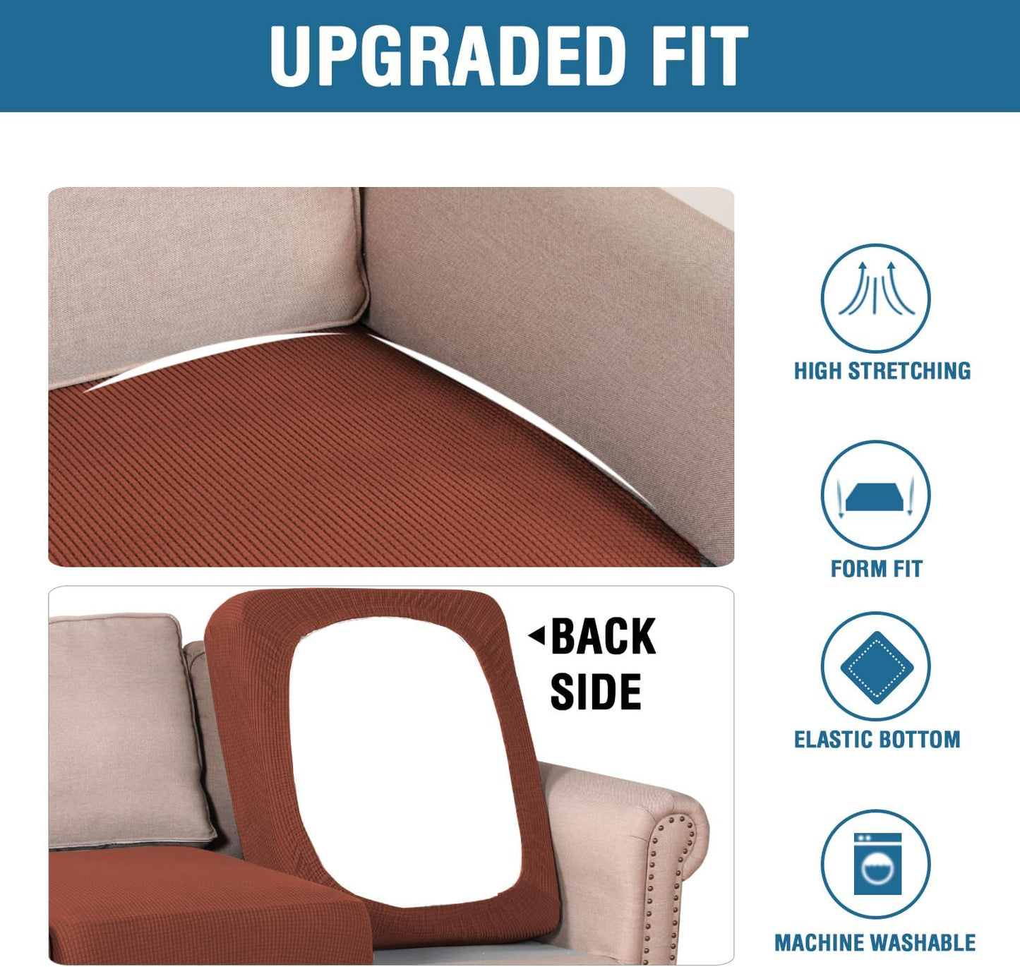 H.VERSAILTEX Super Stretch Individual Seat Cushion Covers - Sofa & Couch Cushion Slipcover Sets - Thick Jacquard Textured Twill Fabric (3 Piece XL Sofa Cushion Covers, Rust)