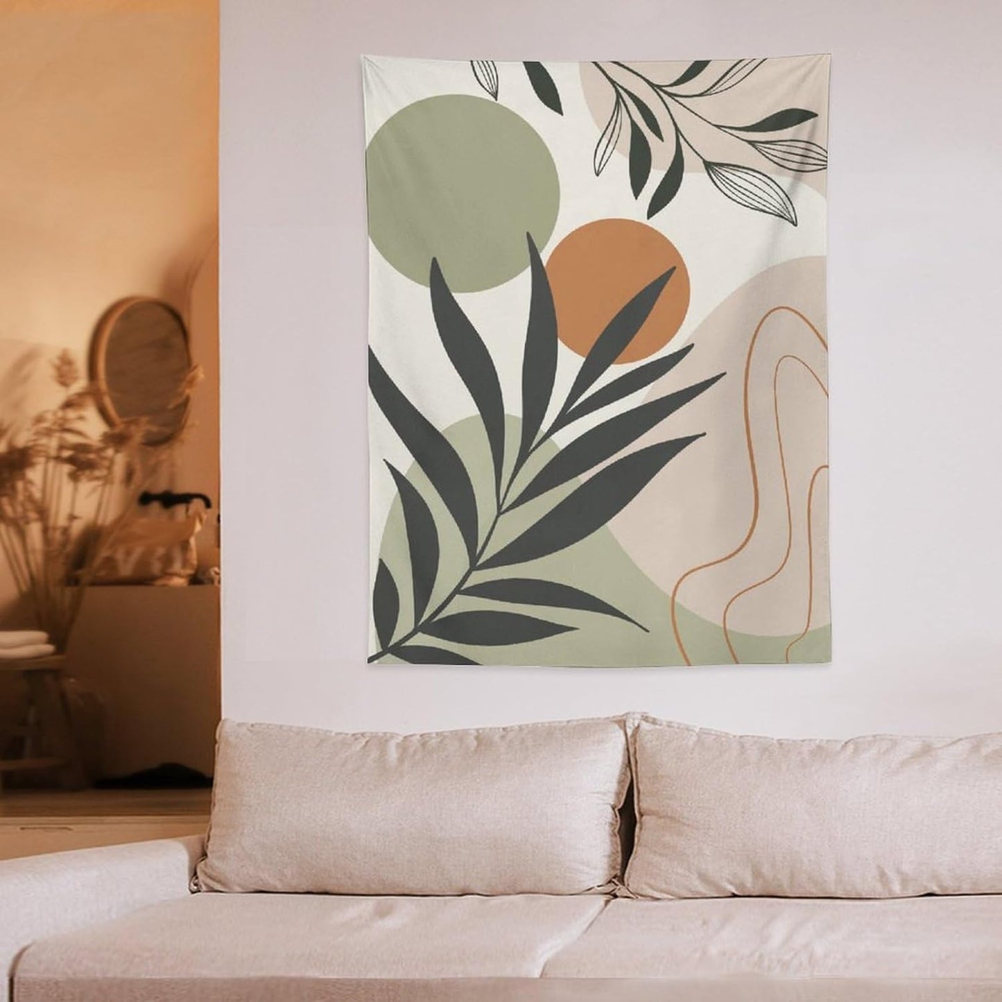 Abstract Bohemian Mid Century Tapestry, Tropical Leaves Modern Geometric Archway Minimalist Bohemian Botanical Aesthetic Wall Hanging, Sage Green Gold Home Decor Art for Bedroom 30x40 Inch