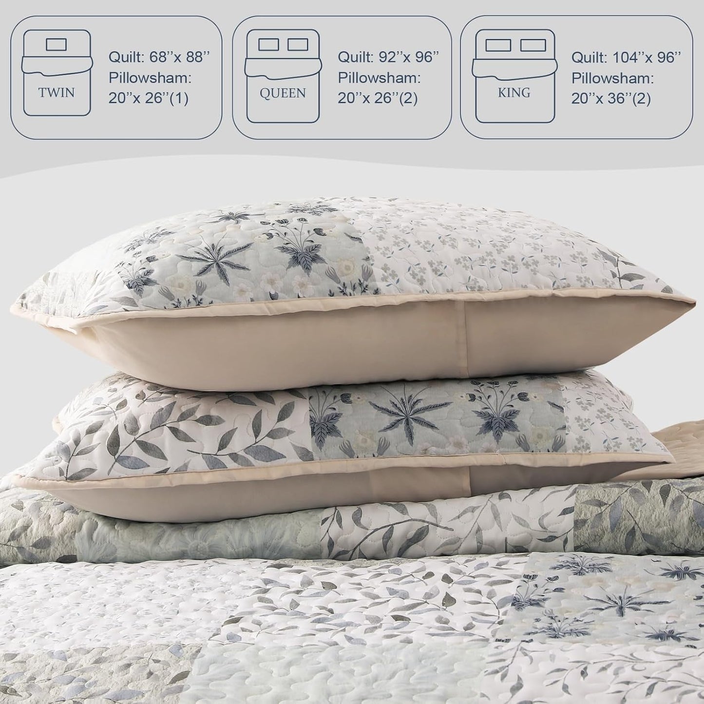 Exclusivo Mezcla Reversible Boho Quilt Set Queen Size, 3 Pieces Patchwork Gray All Season Bedspreads, Ultra Soft Floral Coverlet Bedding Set with Printed Pattern (1 Quilt, 2 Pillow Shams)