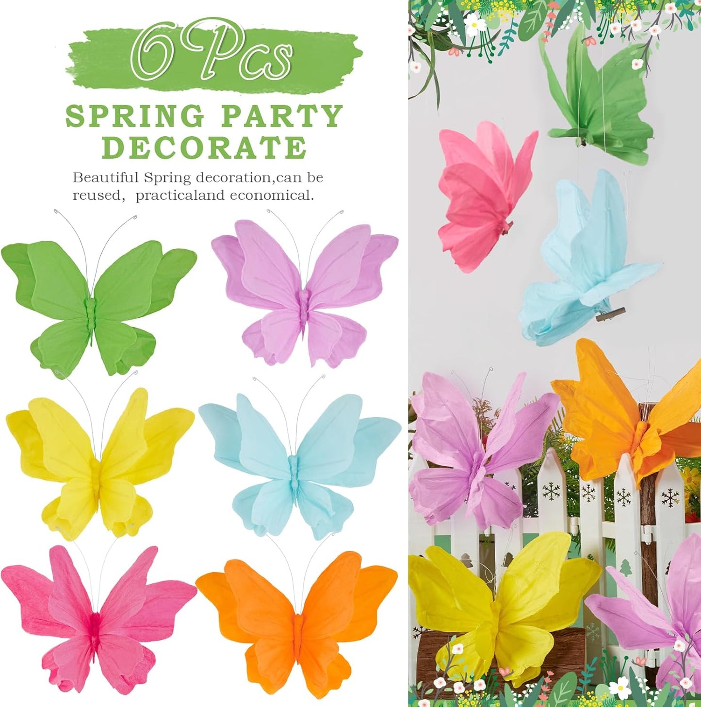 SUNBEAUTY 6Pcs Hanging Butterflies, Large Butterfly Decorations, 3D Paper Decoration, Pink Green Blue Orange for Baby Shower Decor Girls, Women, Paper Flowers for Wall