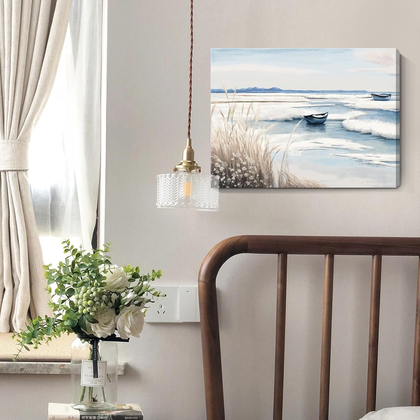 amatop Coastal Wall Art - Nautical Ocean Canvas Print with Light Blue & White Seascape, Boat, Reeds - Beach Picture for Modern Farmhouse, Lake House, Bedroom, Bathroom, Beach-Themed Artwork，16x12