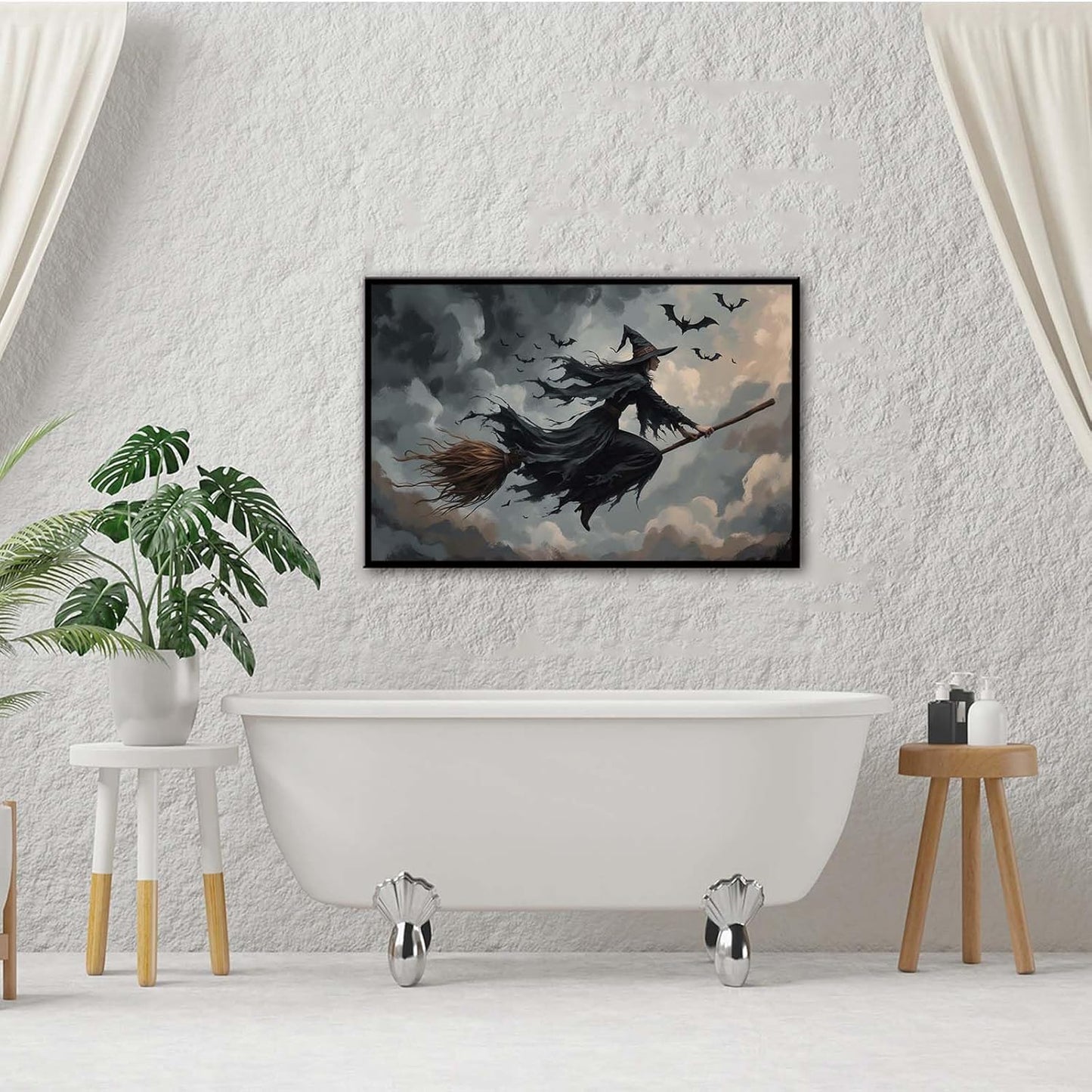 JFHCQJPK Witch and bat flying Halloween poster suitable for home party wall decoration retro Halloween preppy style wall art canvas print suitable for room decoration24x36in Metal blackFramed