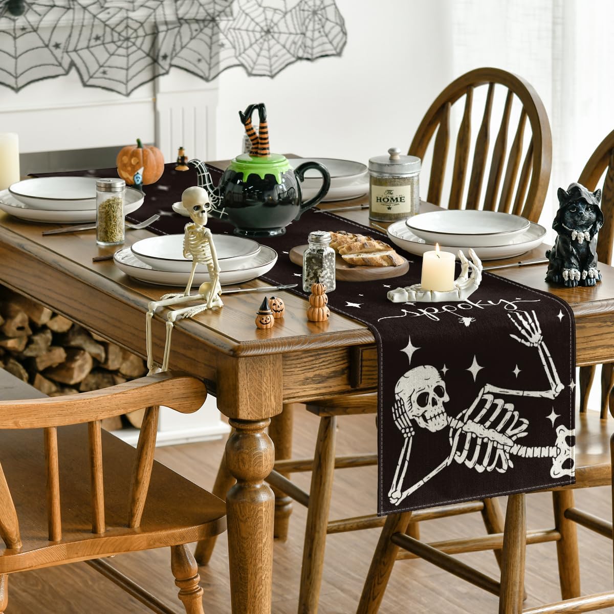 Artoid Mode Spooky Skeleton Spider Bone Halloween Table Runner, Holiday Kitchen Dining Table Decoration for Home Party Decor 13 x 36 Inch