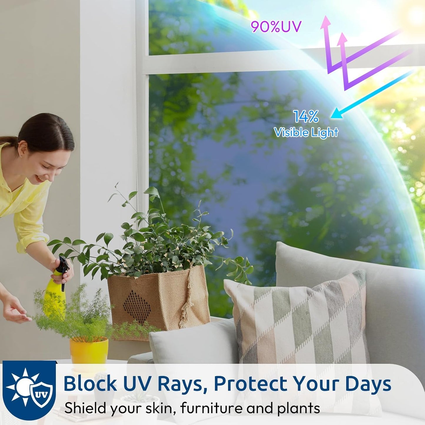 rabbitgoo Window Privacy Film One Way Window Tint for Home, Removable Reflective Heat Sun Blocking Anti UV Glass Door Covering, Mirror Tinting Film House Office, 35.4 in X 6.5 Feet, Blue Silver