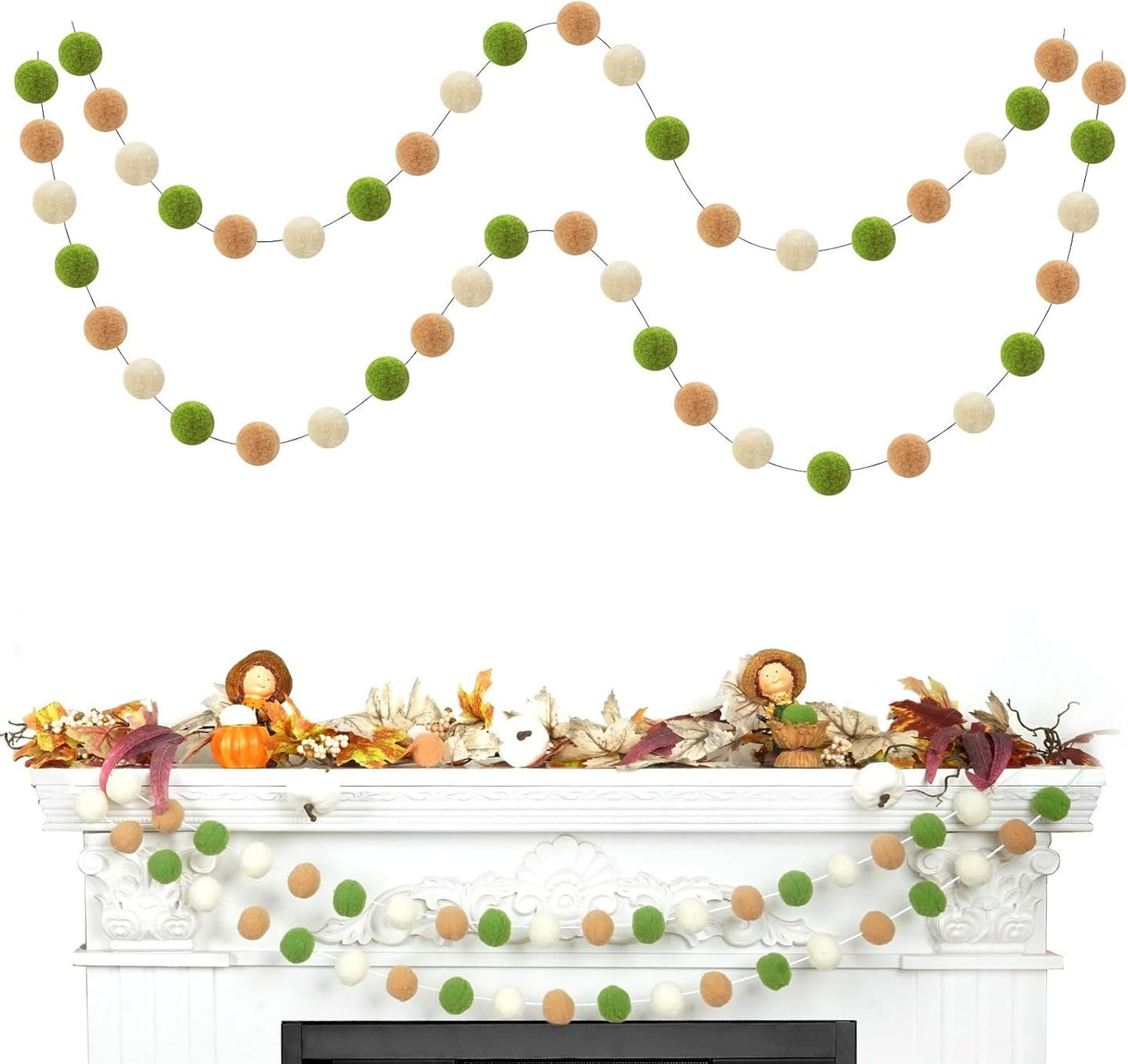 TBD Decor 2pk Pom Pom Garland 13FT Colorful Large Felt Ball Garland Fall Decoration for Mantle,Indoor Holiday Wedding Birthday Party Supplies(Green Brown)