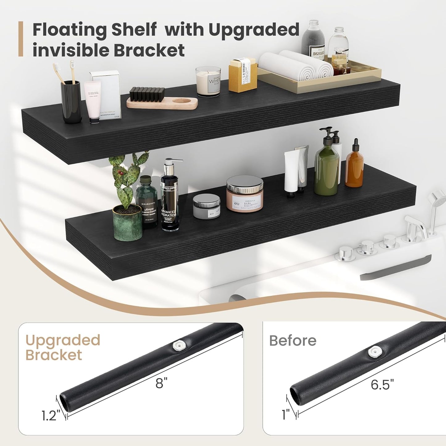 Heimlove 12 Inch Deep Floating Shelves, 48 x 12 inches Long Wall Shelf, Large Display Shelf & Storage Shelf, Rustic Wood Wall Shelves for Fireplace Mantel, Set of 2(Black)