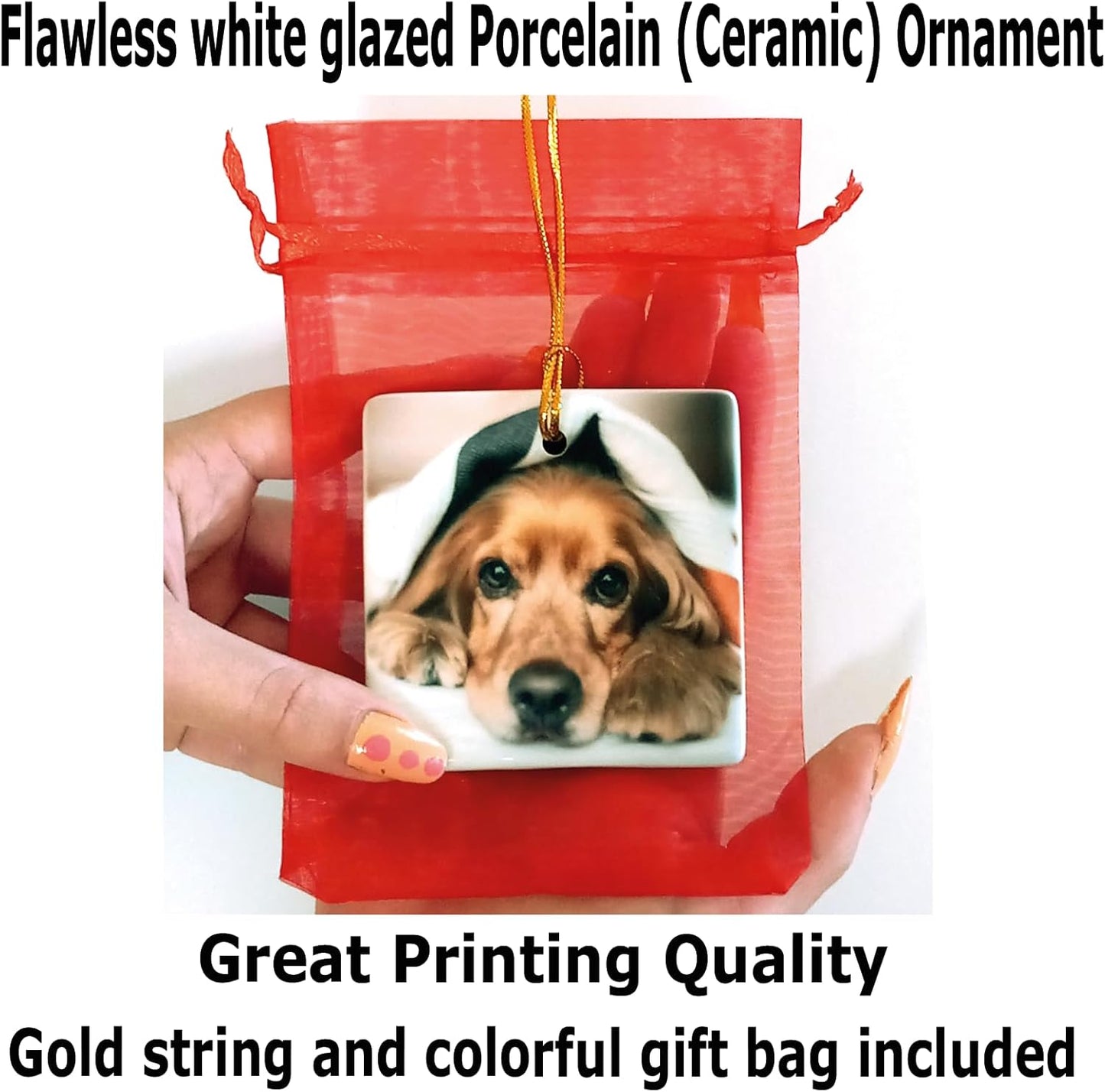 Personalized Christmas Ornament, Add Photo Text or Art Design and Make Your own Customized Porcelain Ceramic Ornament, Gold String and Gift Bag Included (Square)