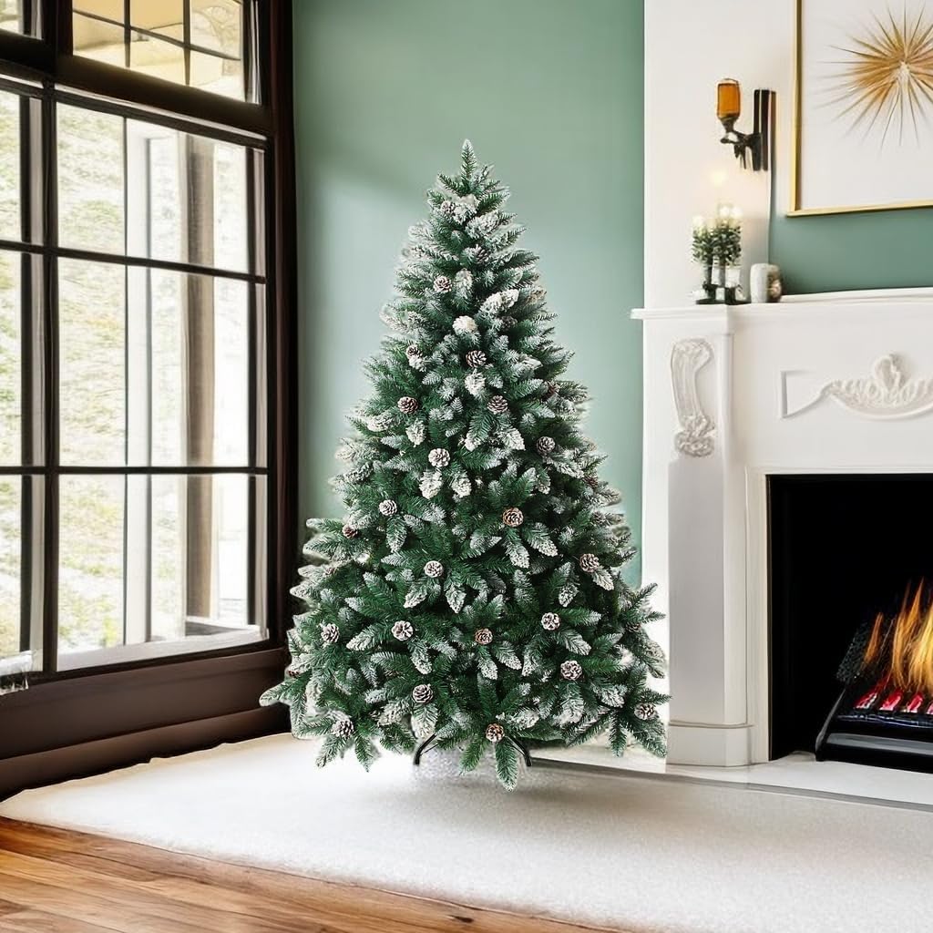 Artificial Christmas Tree 5/6/7/7.5 Foot Flocked Snow Trees with Pine Cone Decoration Unlit