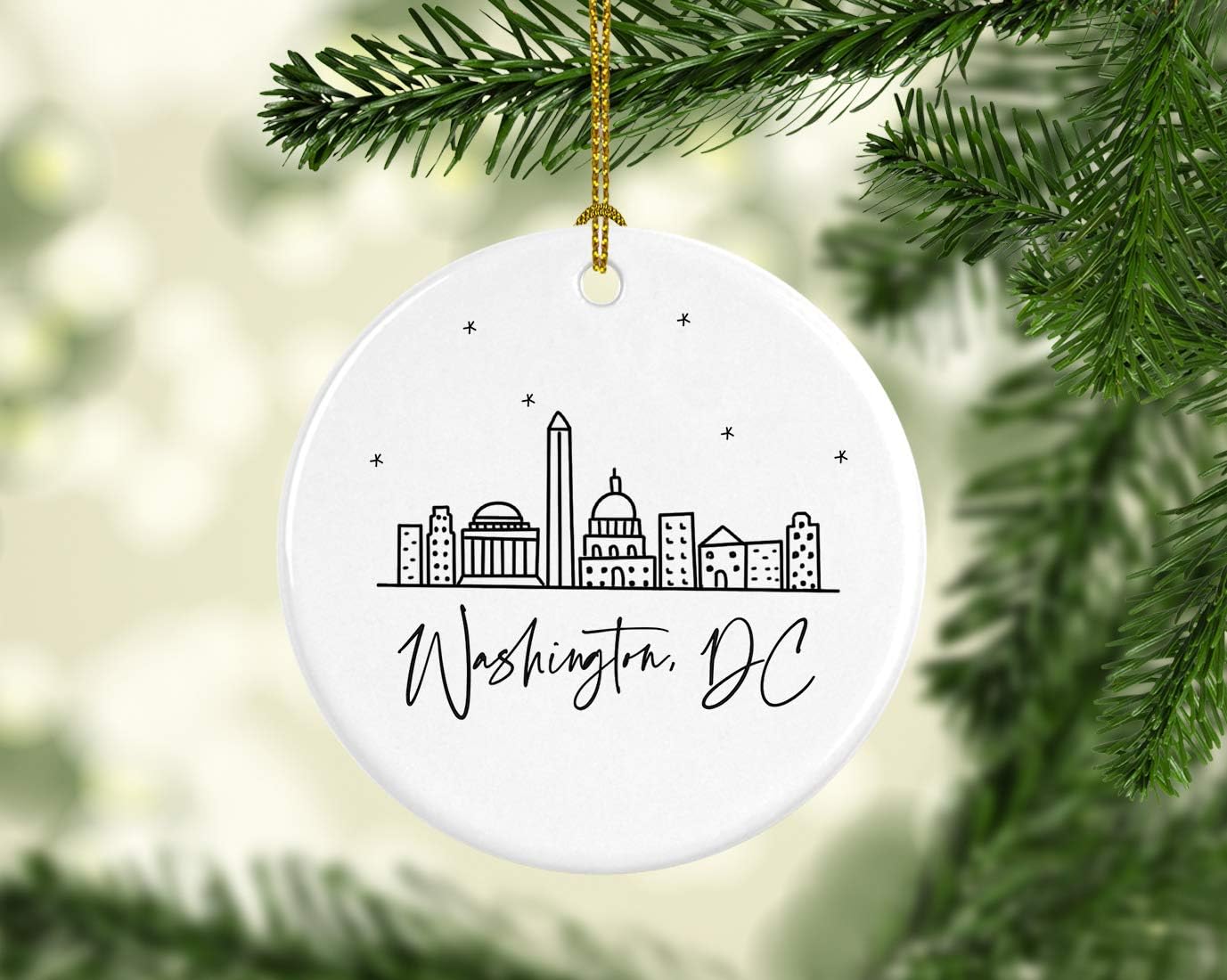Andaz Press Round Ceramic Porcelain Christmas Tree Ornament, Washington, DC, Black and White Stars City Skyline, 1-Pack, Birthday Family Coworker, Includes Gift Box Washington DC Christmas Ornament