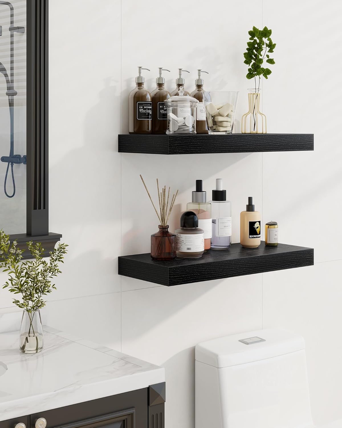 Marsmiles 6.7" Floating Shelves for Wall, Wooden Shelves with Invisible Brackets Set of 2, Rustic Farmhouse Wall Mounted Shelf for Kitchen Bathroom Living Room Study, Black