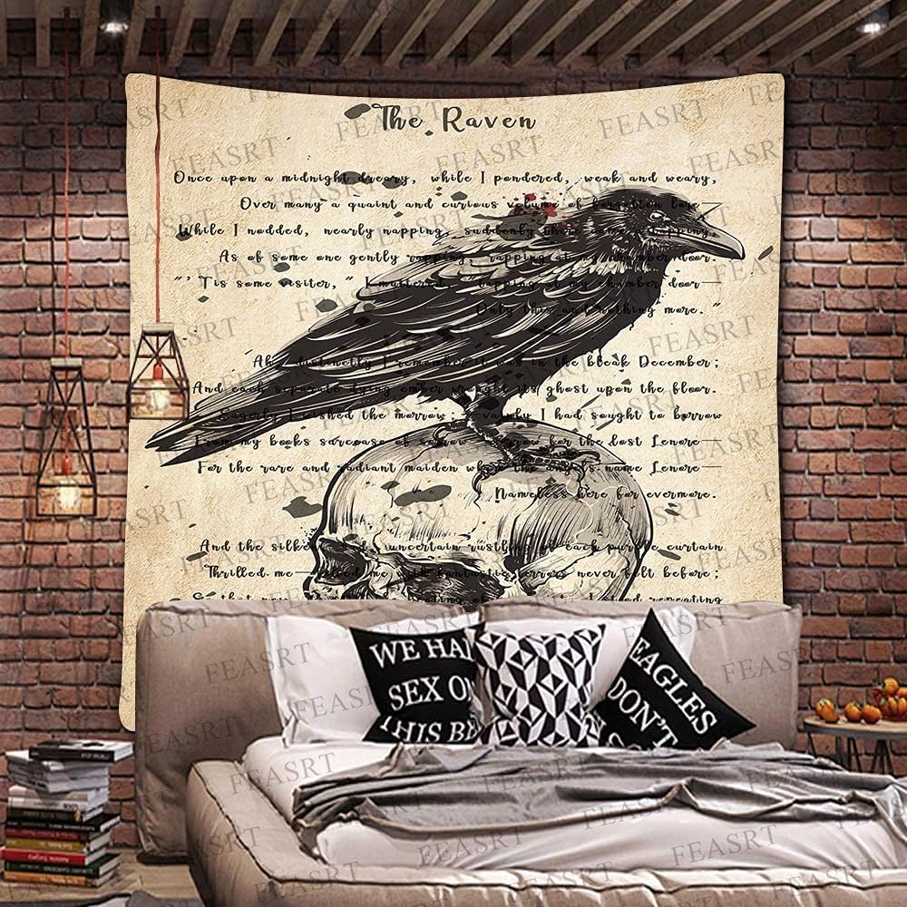 Gothic Skull and Raven Dictionary Tapestry The Raven Wall Tapestry Edgar Allan Poe Rustic Home Room Mural Posters 51x60 Inches for Living Room Bedroom Home Dorm GTQQAY1543
