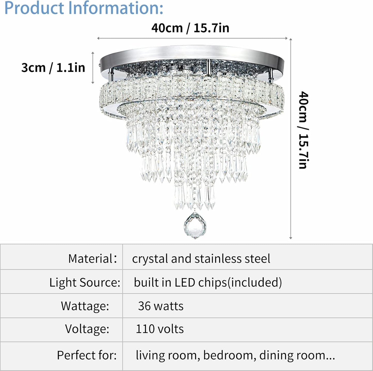 16“ Crystal Chandeliers Round Modern LED Chandelier Light Flush Mount Ceiling Light Fixtures with Remote Control for Bedroom Living Room Dining Room (dimmable)