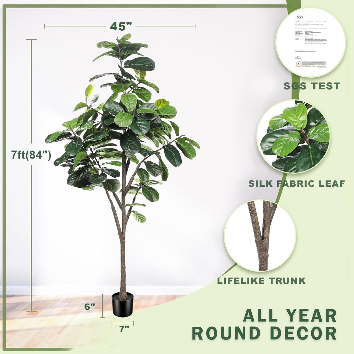 Faux Fiddle Leaf Fig Tree 7ft - Artificial Ficus Lyrata Plant in Pot - Fake Fig Tree for Indoor Modern Home House Office