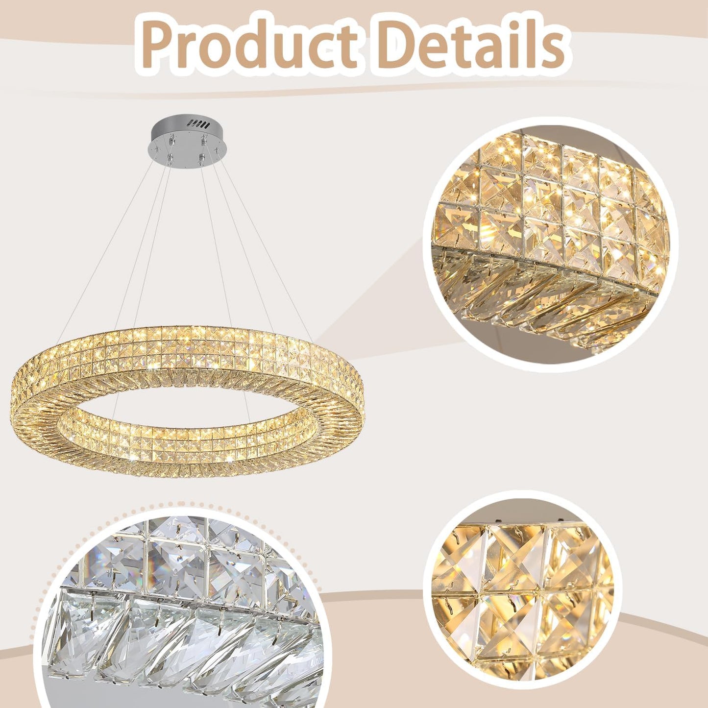 Dia 32" Ring Crystal Chandelier Modern Silver Ring Chandelier Adjustable Height Luxury Crystal Pendant Ceiling Light Fixture for Dining Living Room Bedroom
